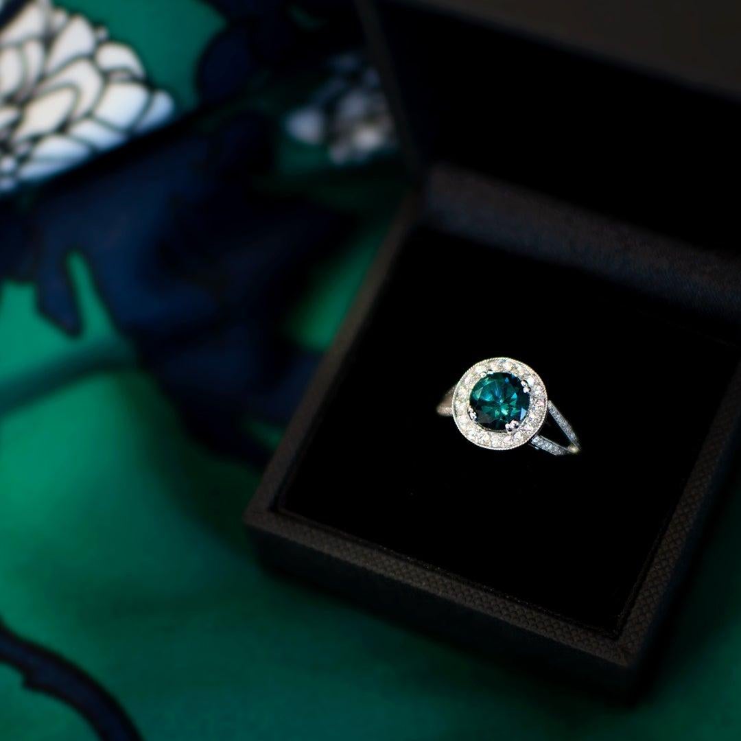 For Sale:  1.40 Carat Blue Tourmaline Round Diamond Cluster Ring Natalie Barney 8