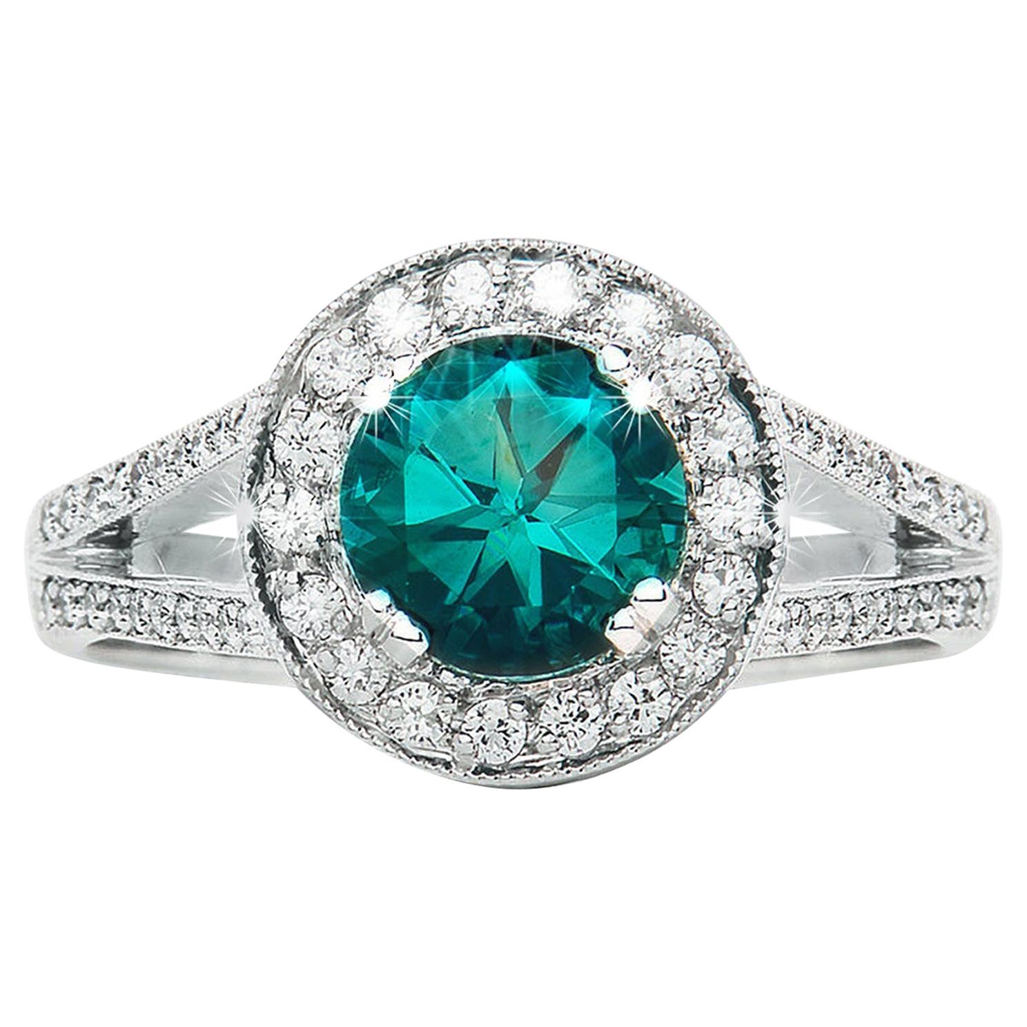 For Sale:  1.40 Carat Blue Tourmaline Round Diamond Cluster Ring Natalie Barney