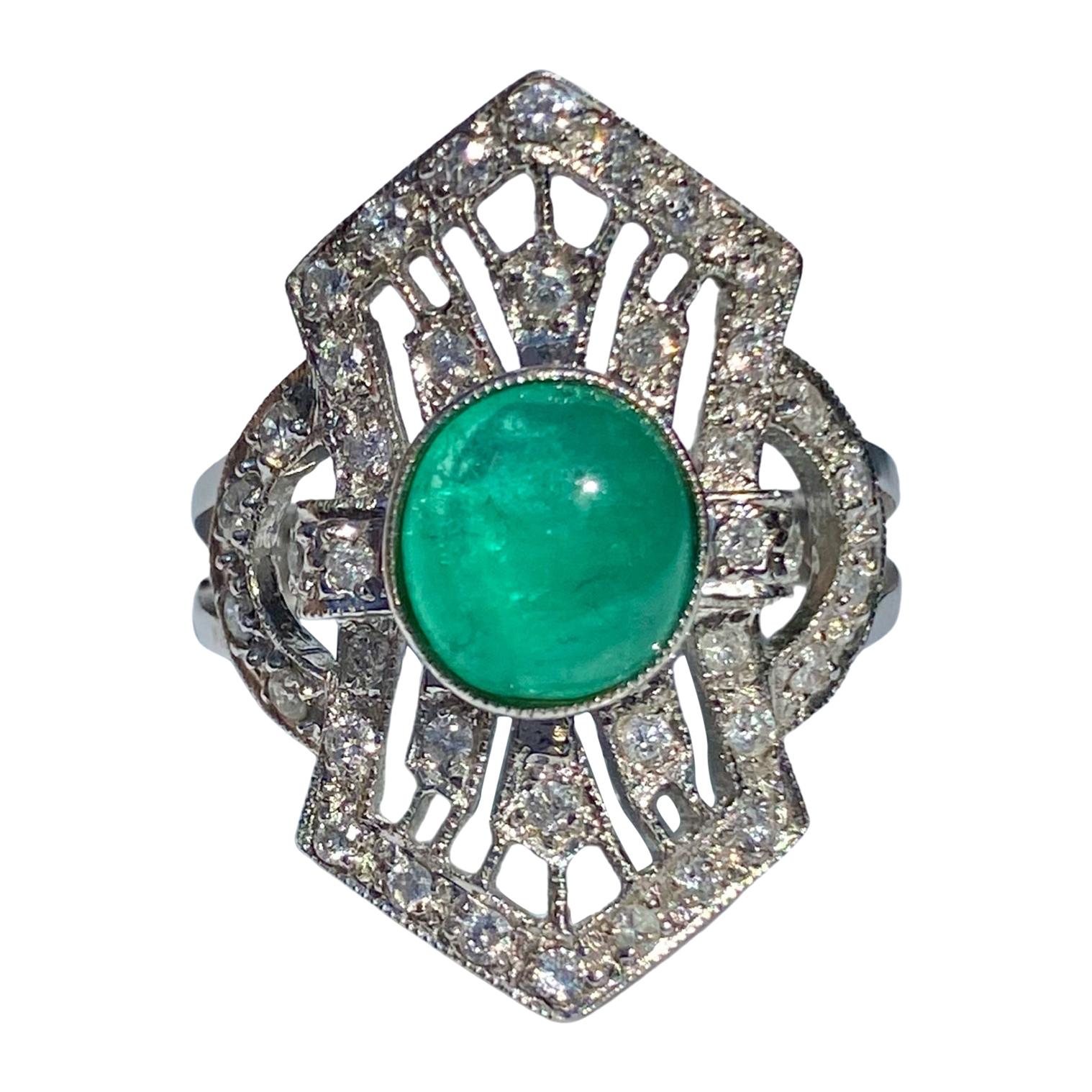 1.40 Carat Cabochon Cut Colombian Emerald, Diamond and 14 Karat White Gold Ring