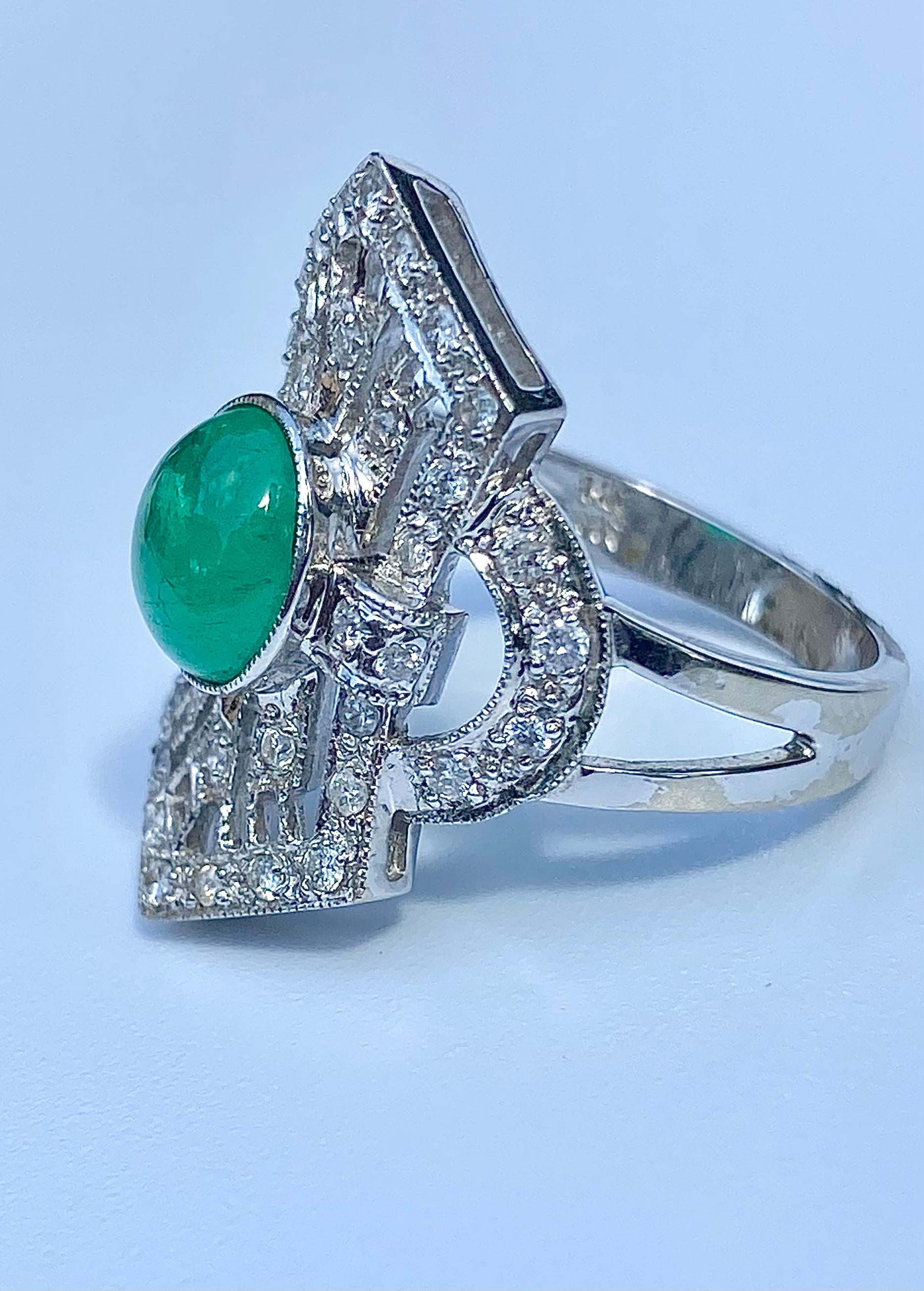 Art Deco 1.40 Carat Cabochon Cut Colombian Emerald, Diamond and 14 Karat White Gold Ring