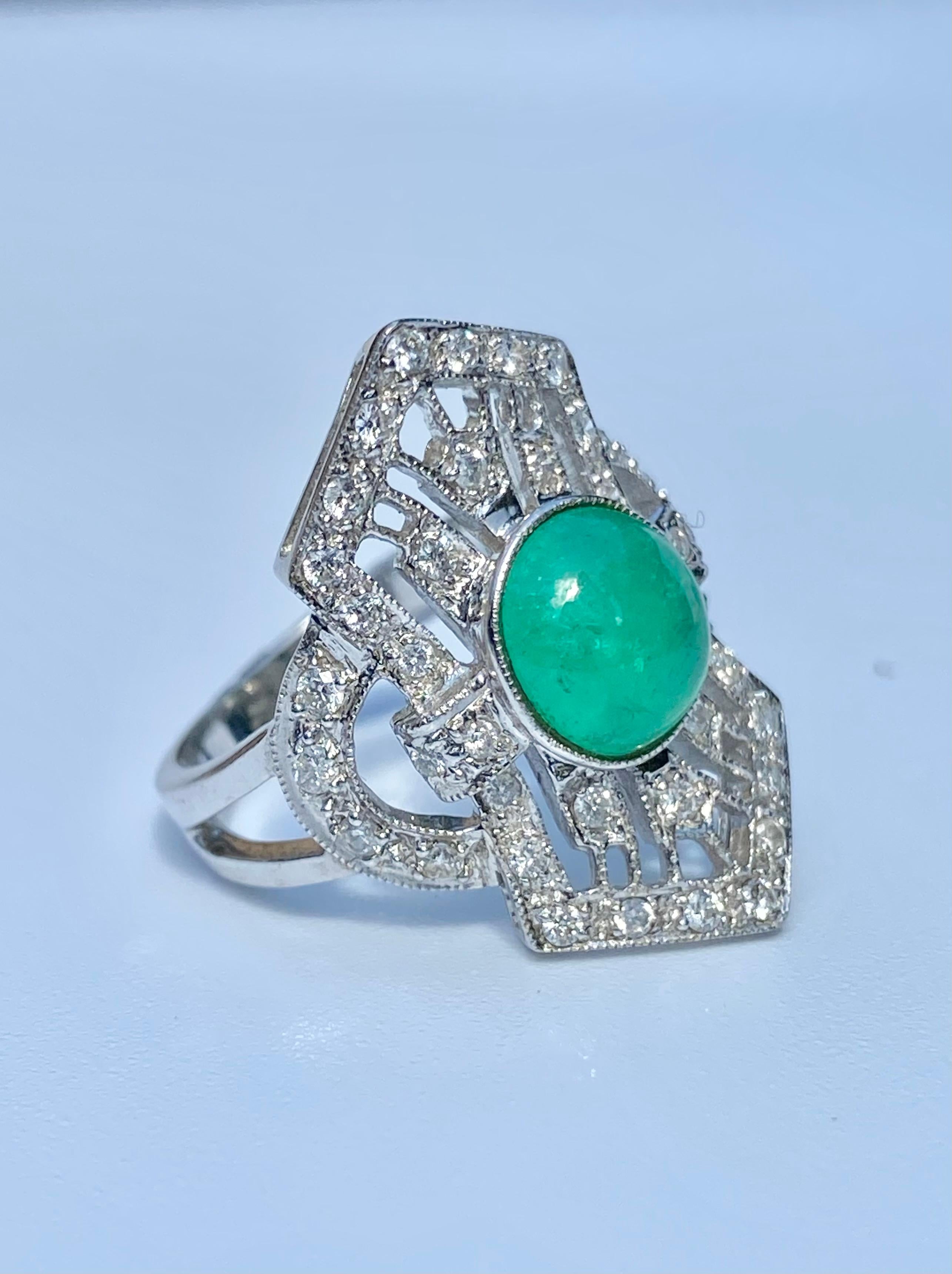 Emerald Cut 1.40 Carat Cabochon Cut Colombian Emerald, Diamond and 14 Karat White Gold Ring