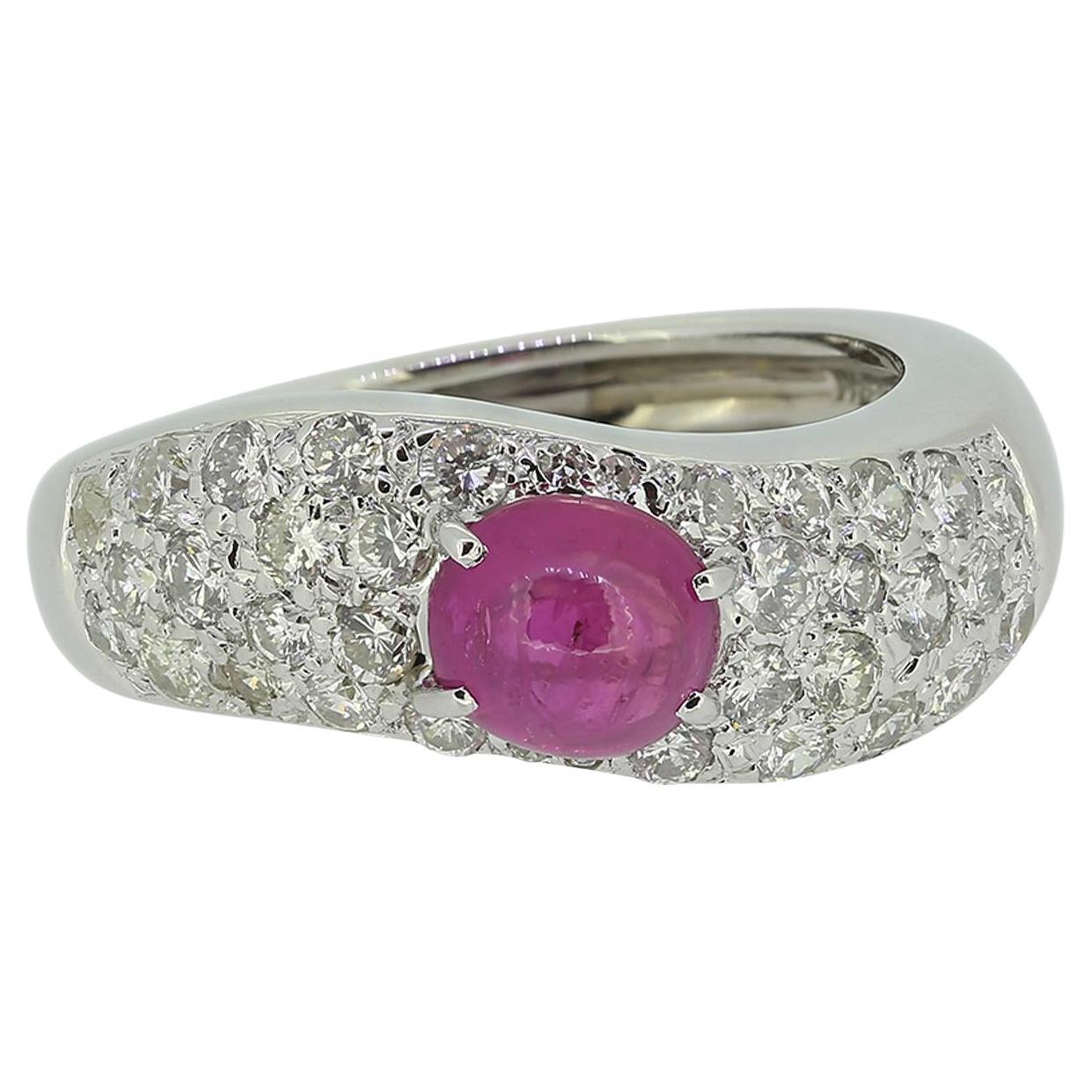 1.40 Carat Cabochon Ruby and Diamond Cluster Ring