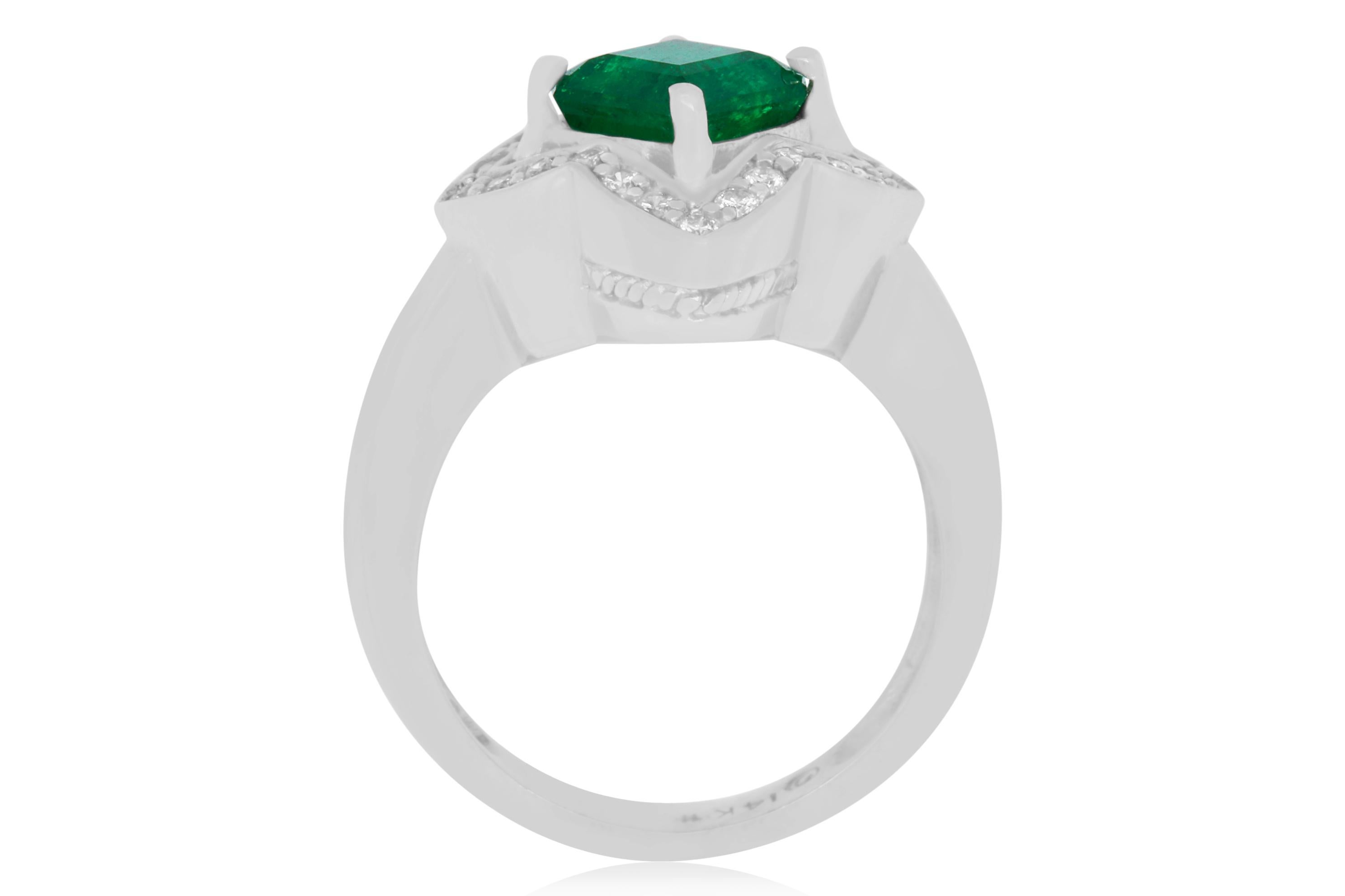 Contemporary 1.40 Carat Cushion Cut Emerald and 0.29 Carat White Diamond Ring