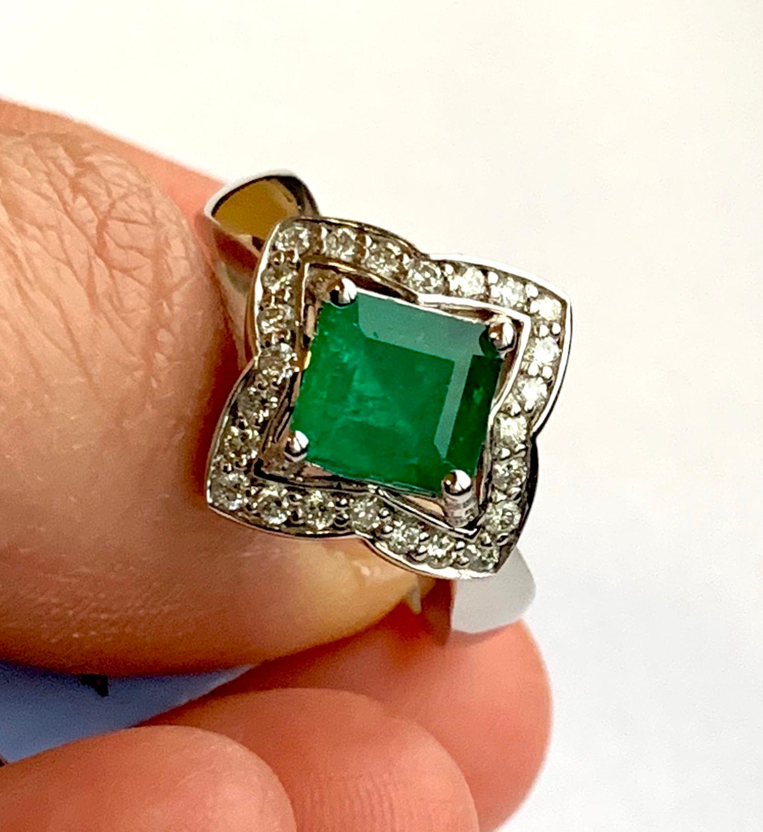 1.40 Carat Cushion Cut Emerald and 0.29 Carat White Diamond Ring In New Condition In GREAT NECK, NY