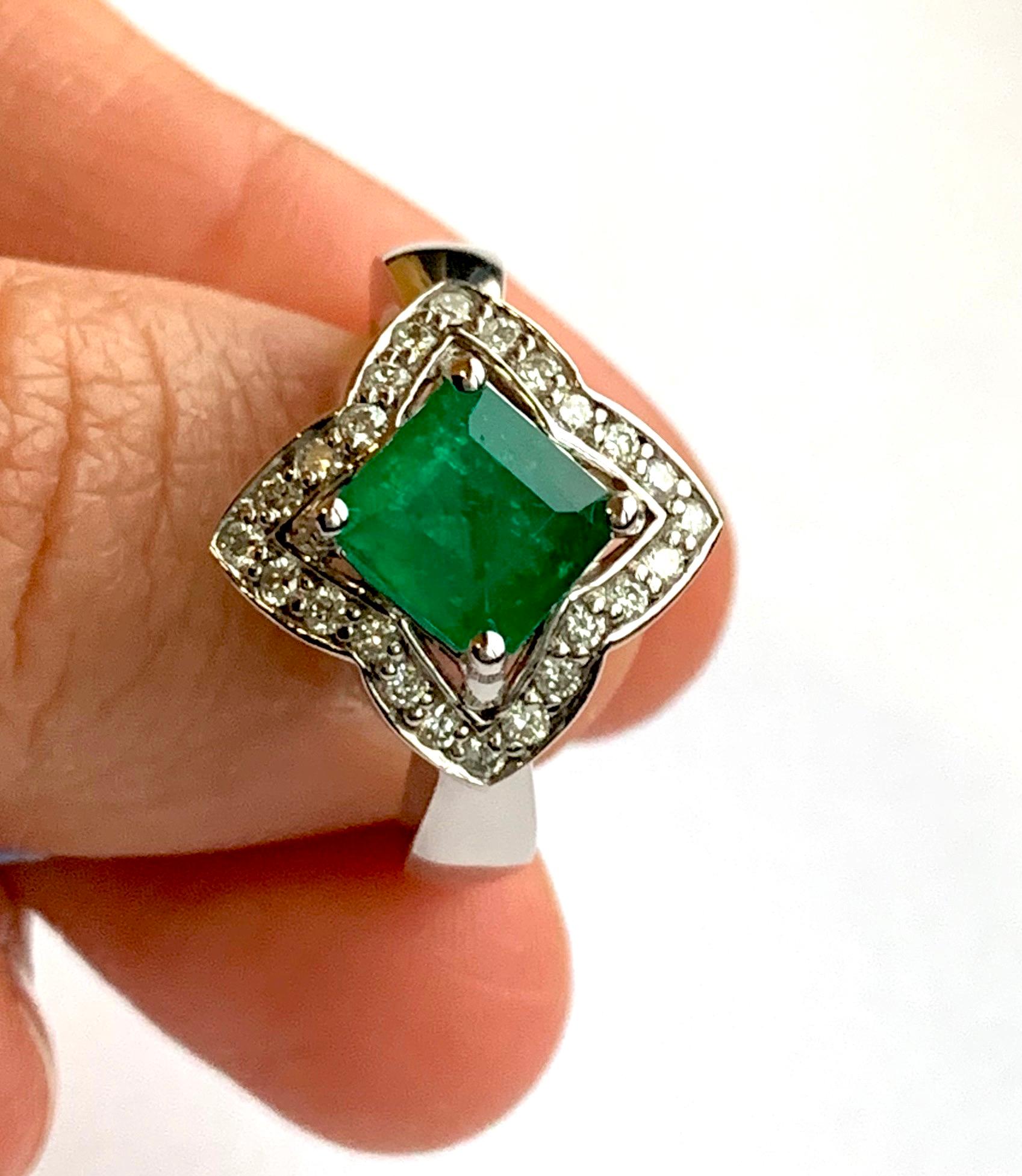 Women's 1.40 Carat Cushion Cut Emerald and 0.29 Carat White Diamond Ring