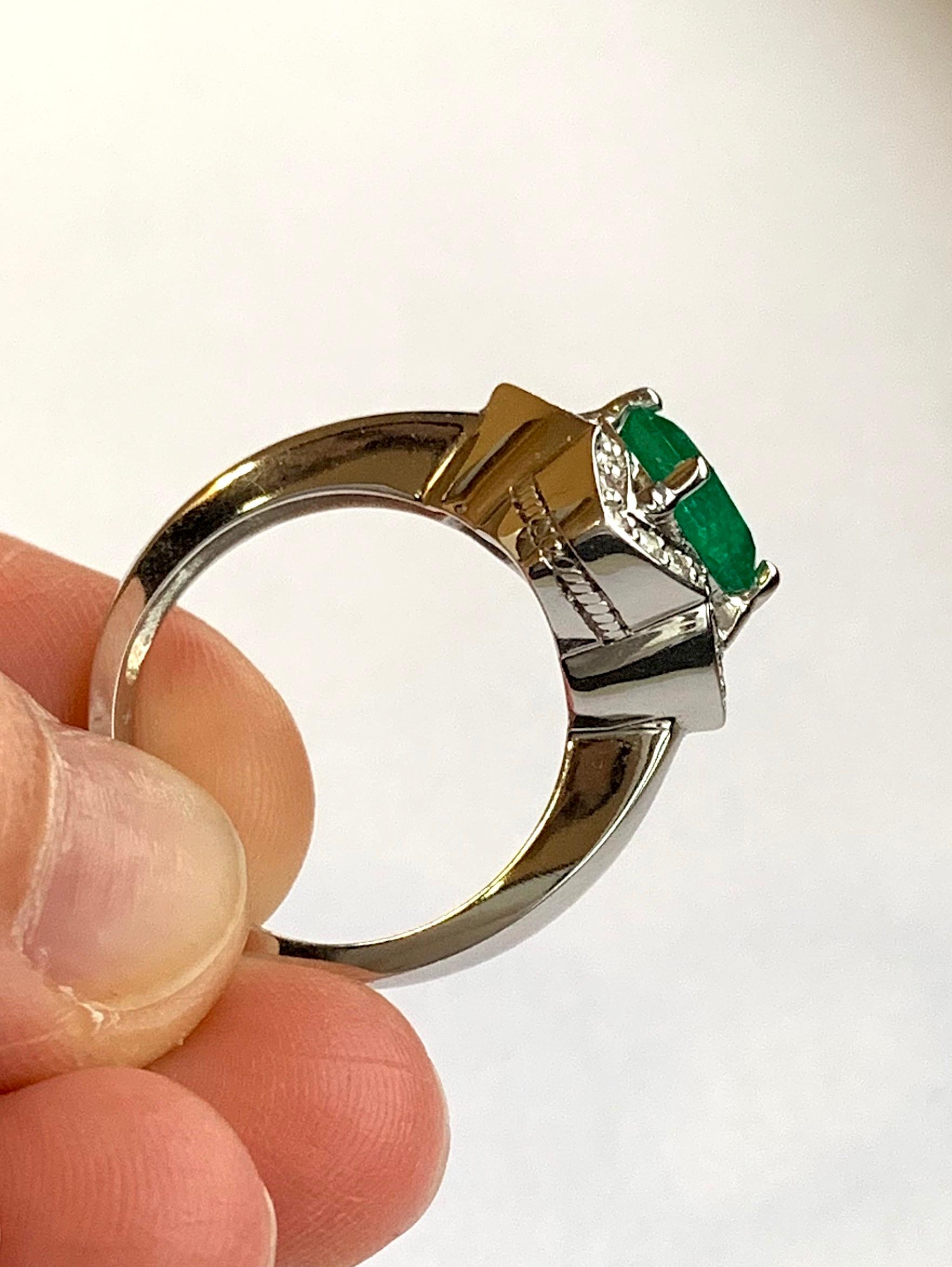1.40 Carat Cushion Cut Emerald and 0.29 Carat White Diamond Ring 1
