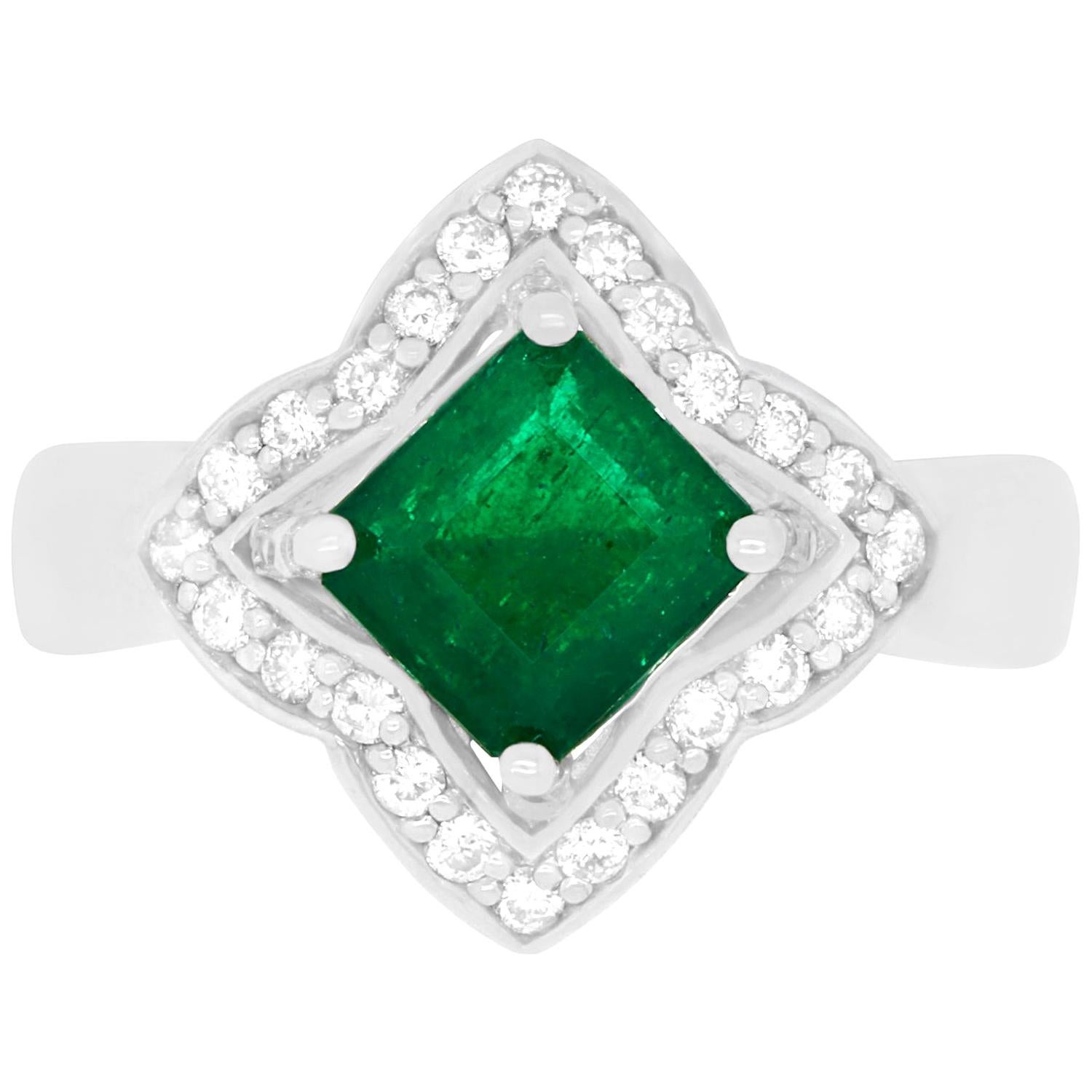 1.40 Carat Cushion Cut Emerald and 0.29 Carat White Diamond Ring