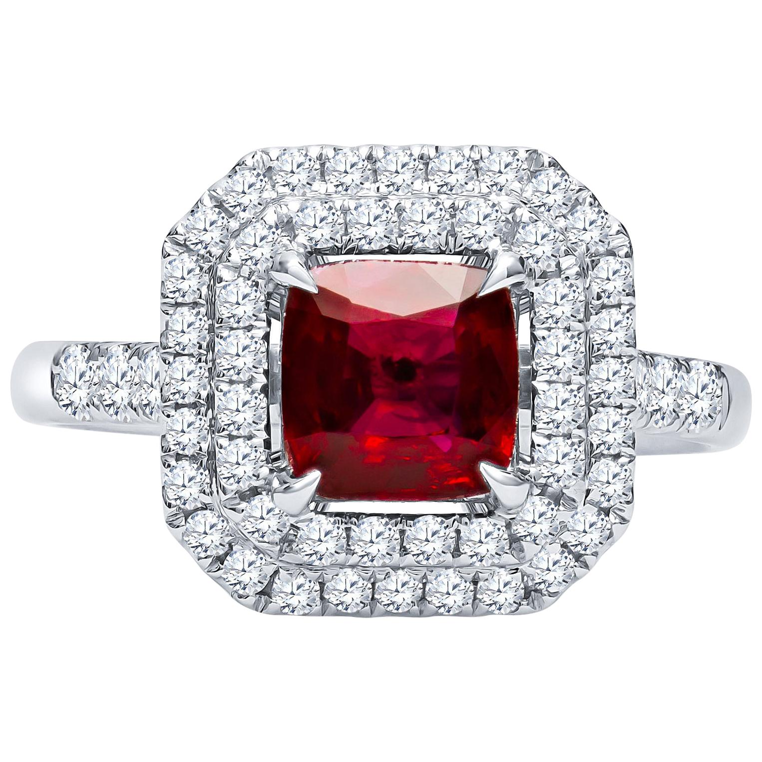 1.40 Carat Cushion Cut Natural Ruby 'IGI' Ring with 0.63 Carat in Diamonds For Sale
