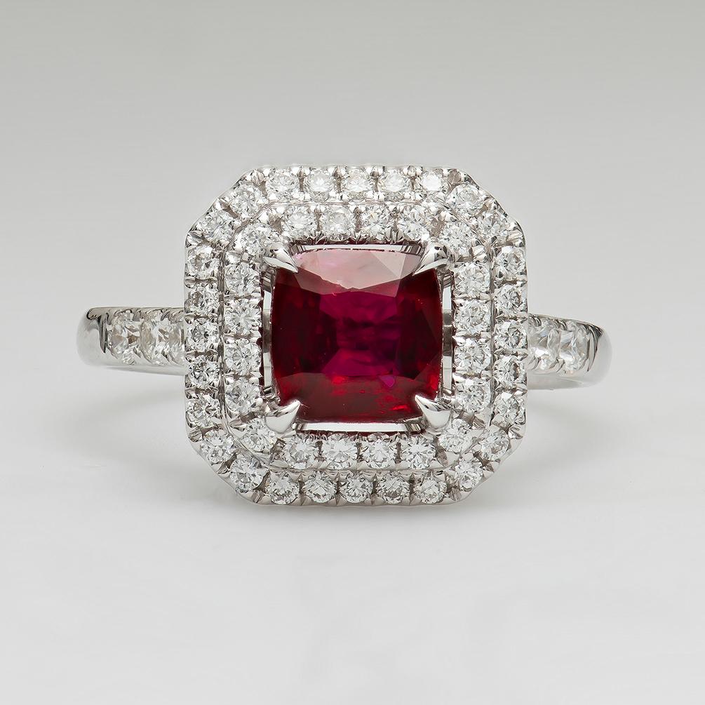 1.40 Carat Cushion Cut Natural Ruby 'IGI' Ring with 0.63 Carat in Diamonds For Sale 1