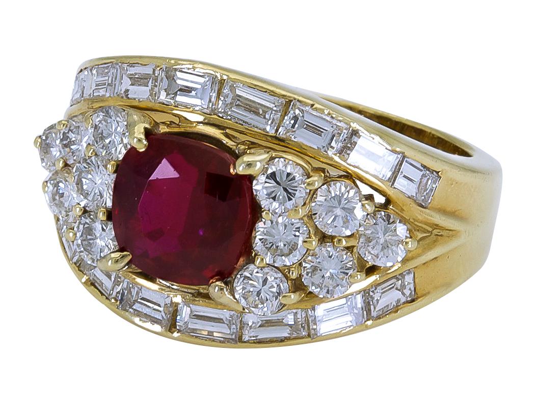 A unique and chic engagement ring style showcasing a color-rich ruby, set in an intricately-designed ring accented with brilliant and step-cut diamonds.
Made in 18k yellow gold.
Ruby weighs 1.40 carats.
Diamonds weigh 2.75 carats total.
Size 6.5 US
