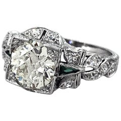 1.40 Carat Diamond and Emerald Edwardian Antique Engagement Ring Platinum