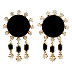 1,40 Karat Diamant und Onyx Gelbgold Tropfenohrringe