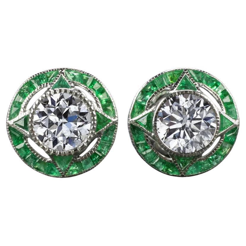 1.40 Carat Diamond Emerald Art Deco Style Target Calibre Stud Earrings