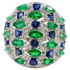 1.40 Carat Diamond Emeralds & Sapphire 18K Gold Ring