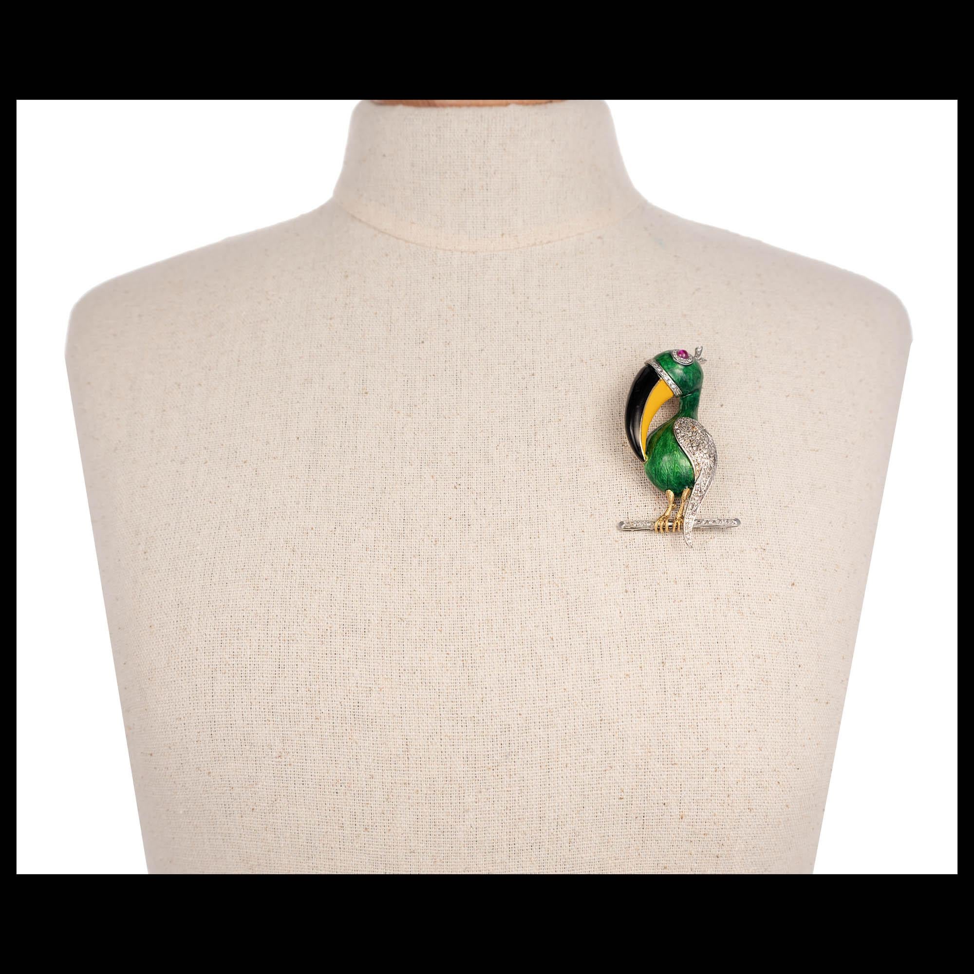 Round Cut 1.40 Carat Diamond Ruby Enamel Two-Tone Gold Toucan Brooch For Sale