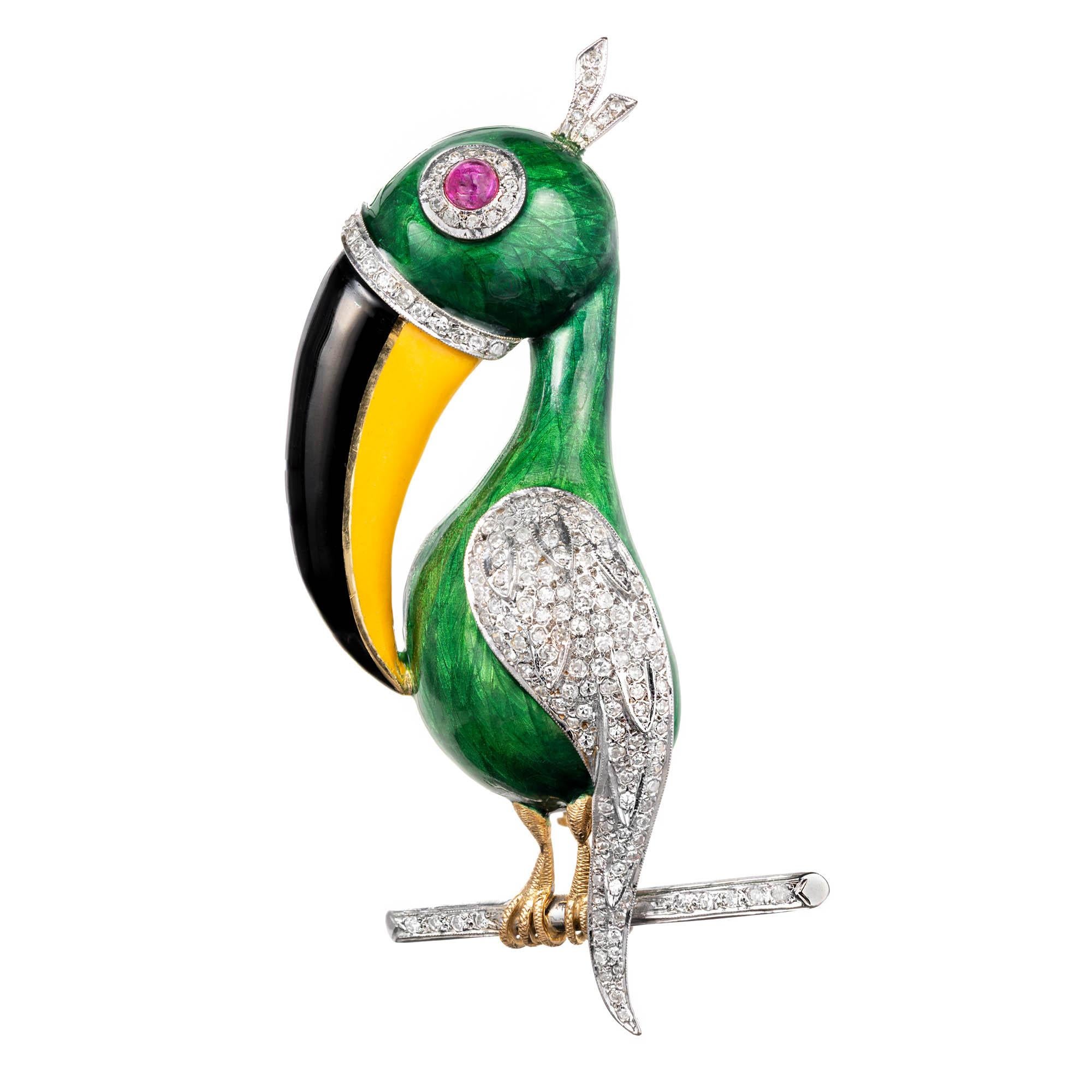 1.40 Carat Diamond Ruby Enamel Two-Tone Gold Toucan Brooch For Sale