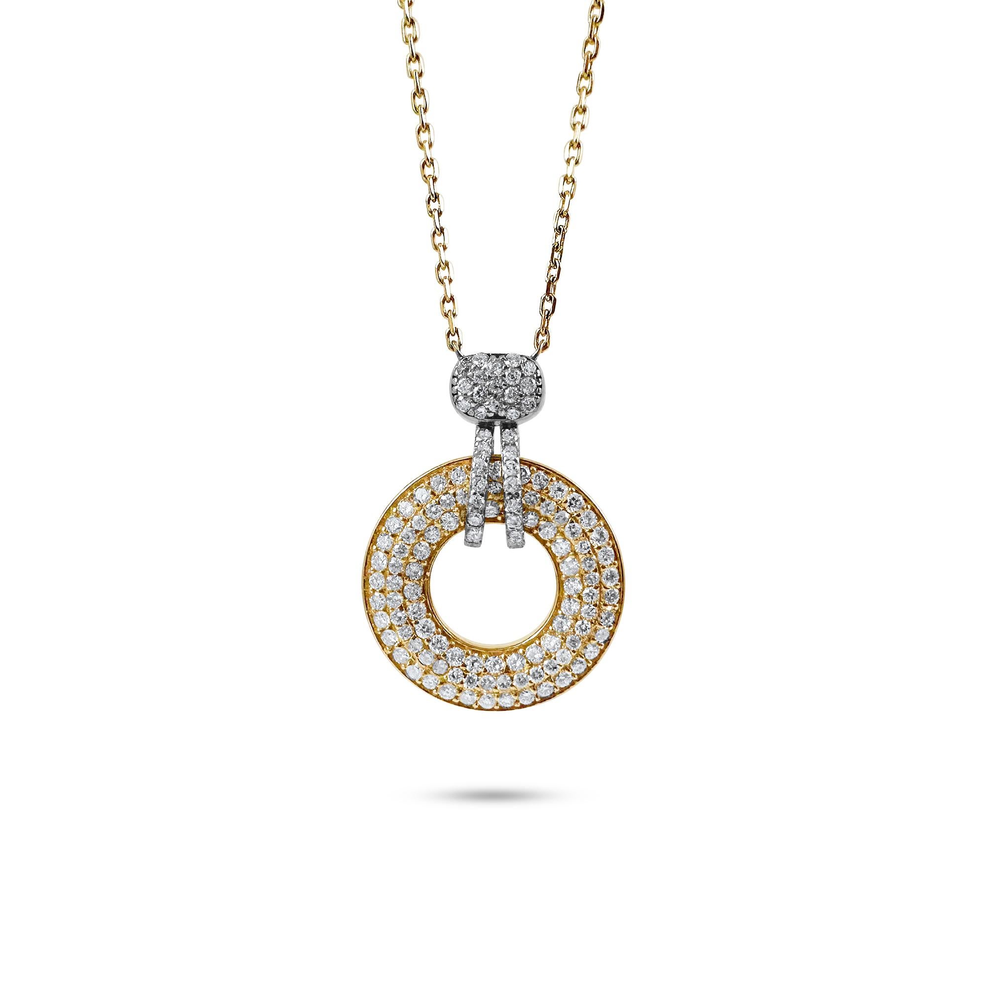 Round Cut 1.40 Carat Diamond Wheel Pendant Necklace in 14K Two Tone Gold, 17 Inches For Sale