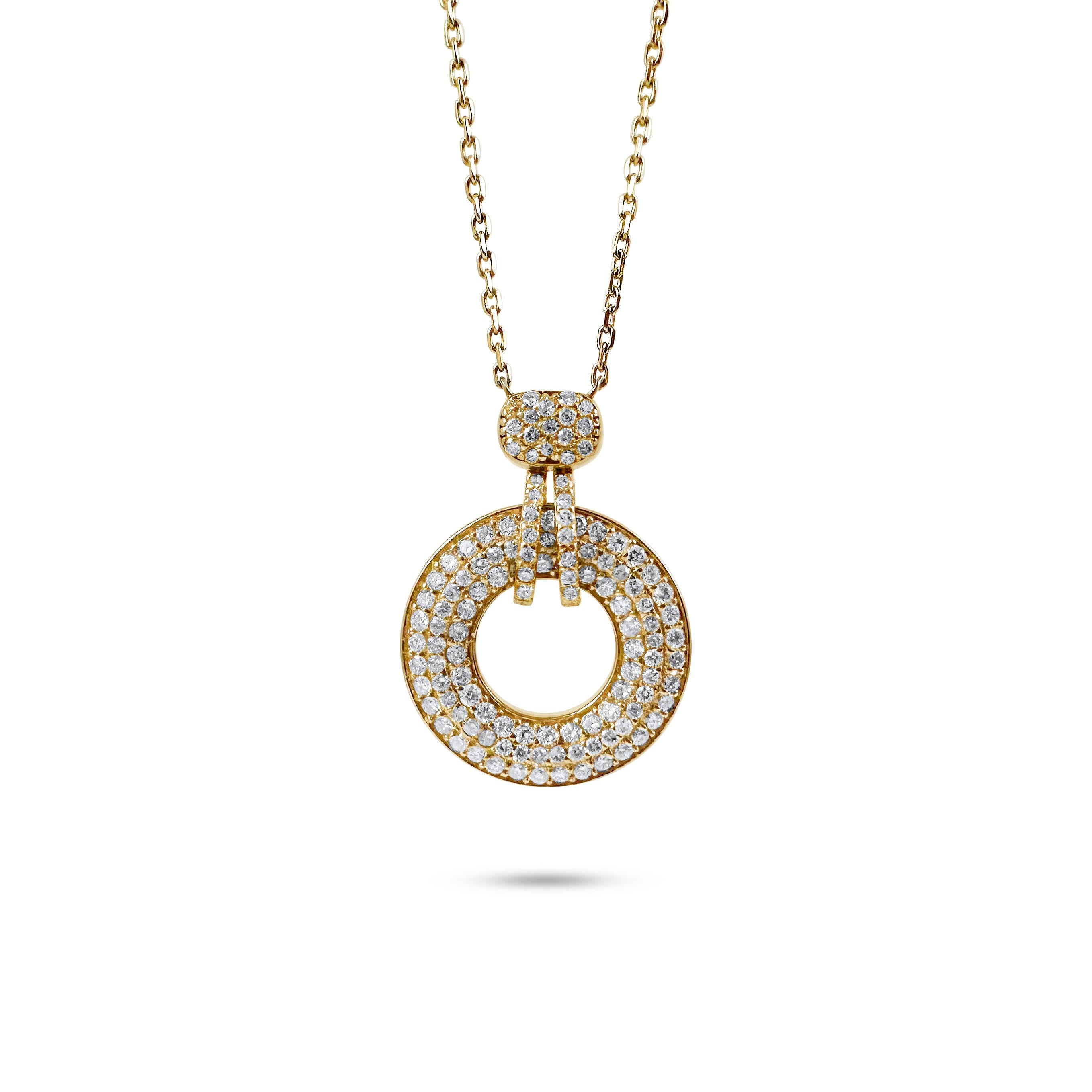 Round Cut 1.40 Carat Diamond Wheel Pendant Necklace in 14K Yellow Gold, 17 Inches For Sale