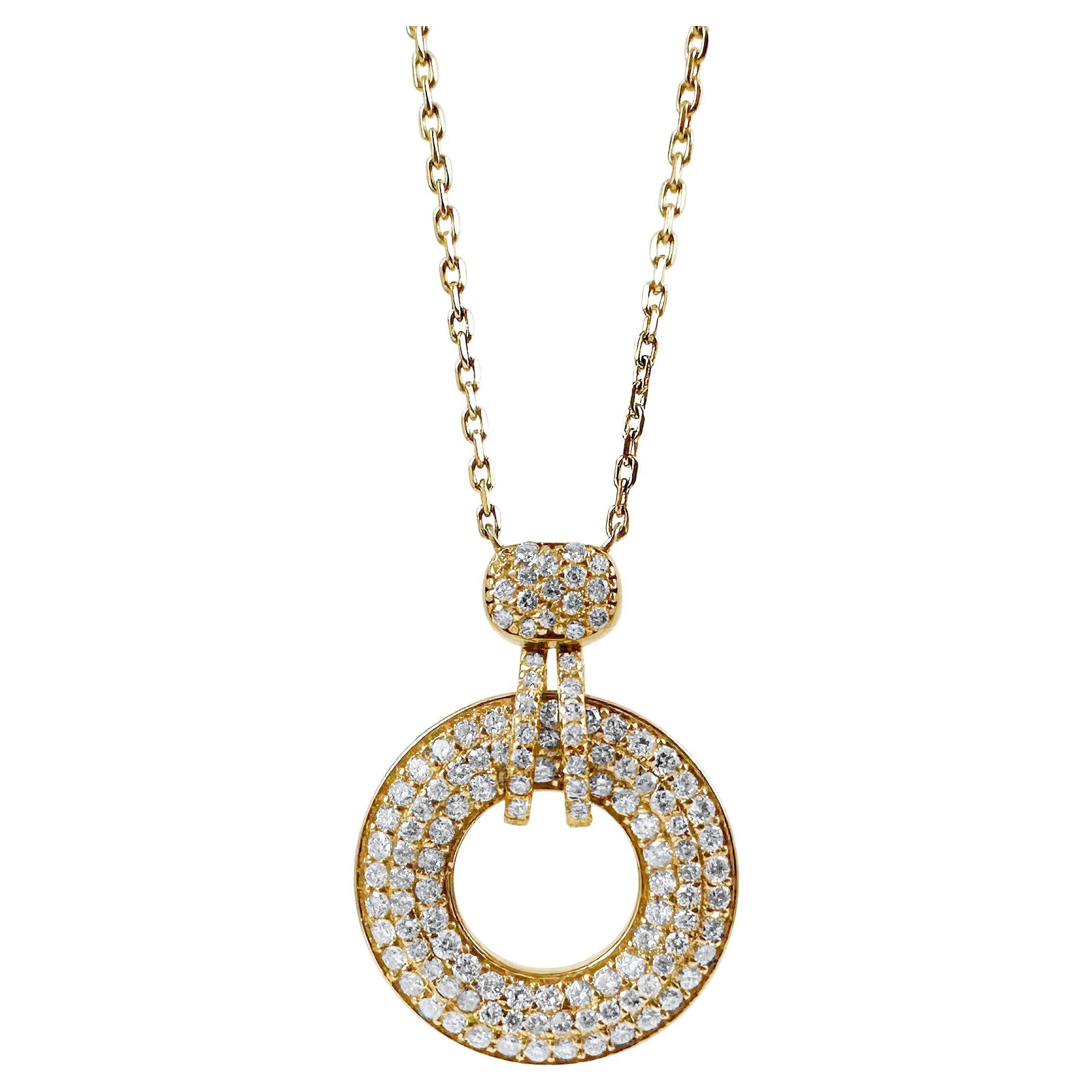 1.40 Carat Diamond Wheel Pendant Necklace in 14K Yellow Gold, 17 Inches For Sale