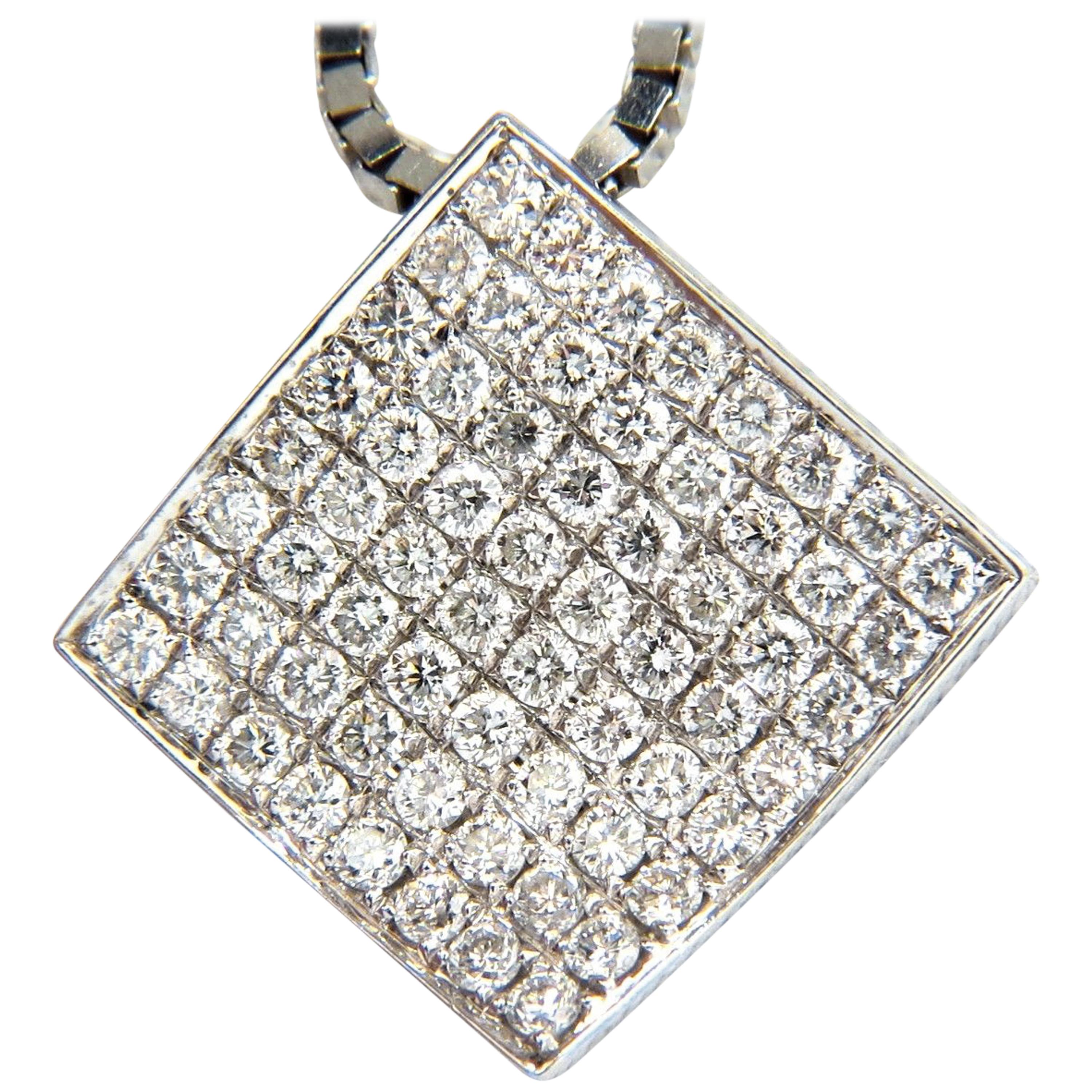 1.40 Carat Diamonds Bead Set Square Zen Pendant 3D Curve 14 Karat Chain For Sale