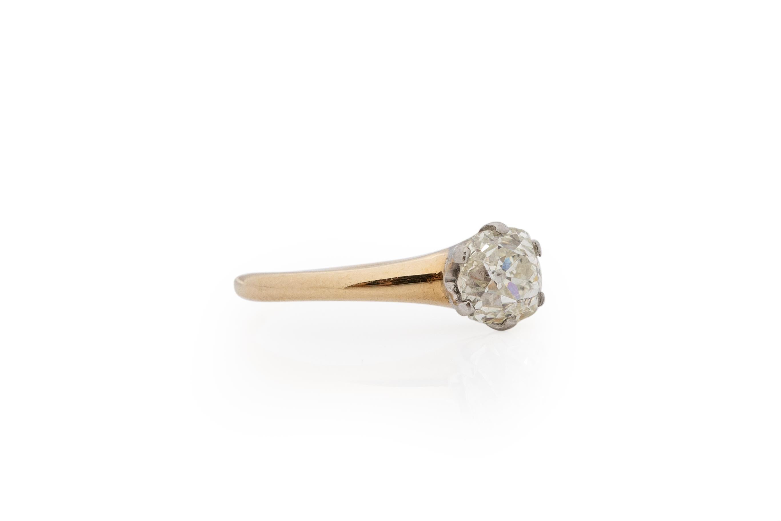 Ring Size: 6.5
Metal Type: 14K Yellow Gold & Platinum Head [Hallmarked, and Tested]
Weight: 2.5 grams
Maker: Gorham

Center Diamond Details:
Weight: 1.40ct
Cut: Old Mine Brilliant (Antique Cushion)
Color: J/K
Clarity: SI1

Finger to Top of Stone