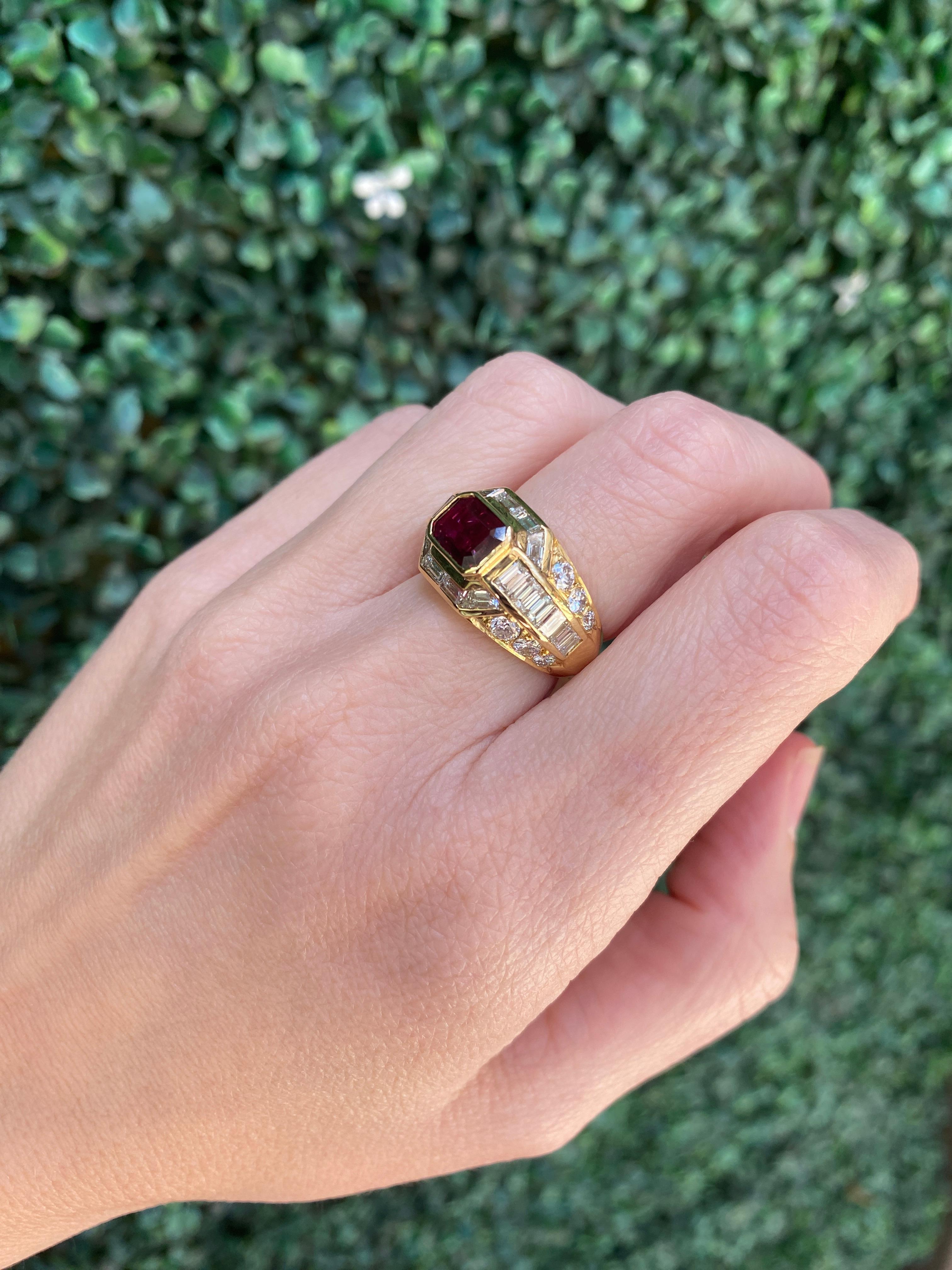 1.40 Carat Emerald Cut Thai Ruby and Diamond 18k Yellow Gold Cocktail Ring  For Sale 11
