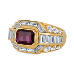 1.40 Carat Emerald Cut Thai Ruby and Diamond 18k Yellow Gold Cocktail Ring