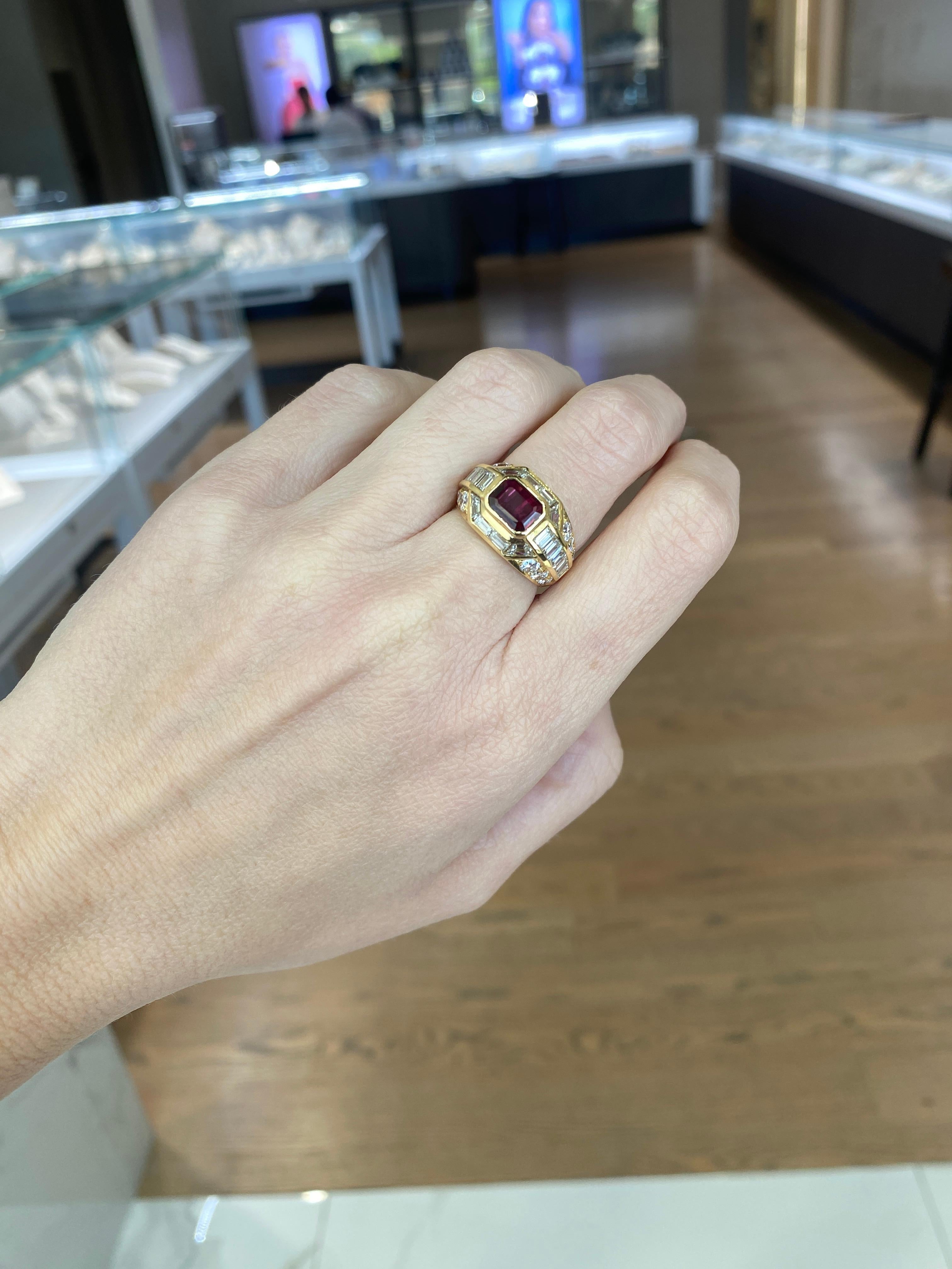 1.40 Carat Emerald Cut Thai Ruby and Diamond 18k Yellow Gold Cocktail Ring  For Sale 2