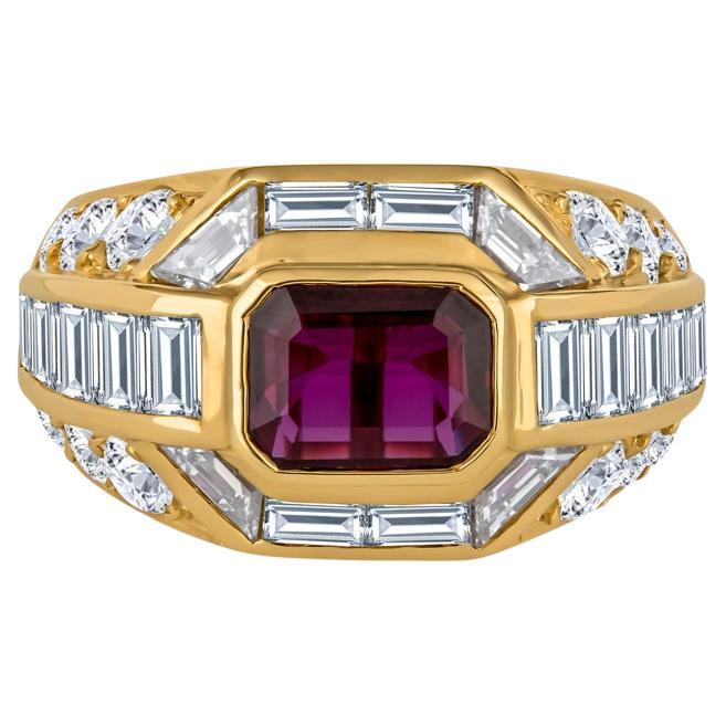 1.40 Carat Emerald Cut Thai Ruby and Diamond 18k Yellow Gold Cocktail Ring  For Sale
