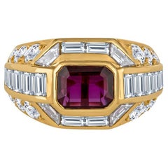 1.40 Carat Emerald Cut Thai Ruby and Diamond 18k Yellow Gold Cocktail Ring 
