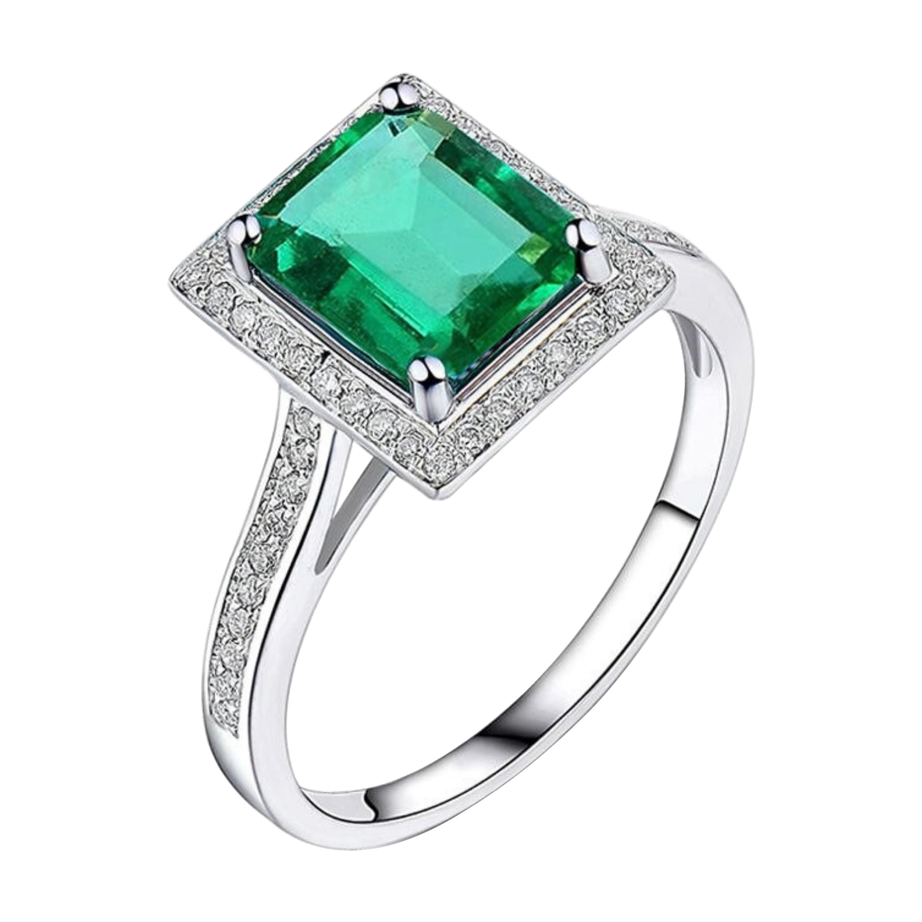 1.40 Carat Emerald Diamond Ring 14 Karat White Gold For Sale