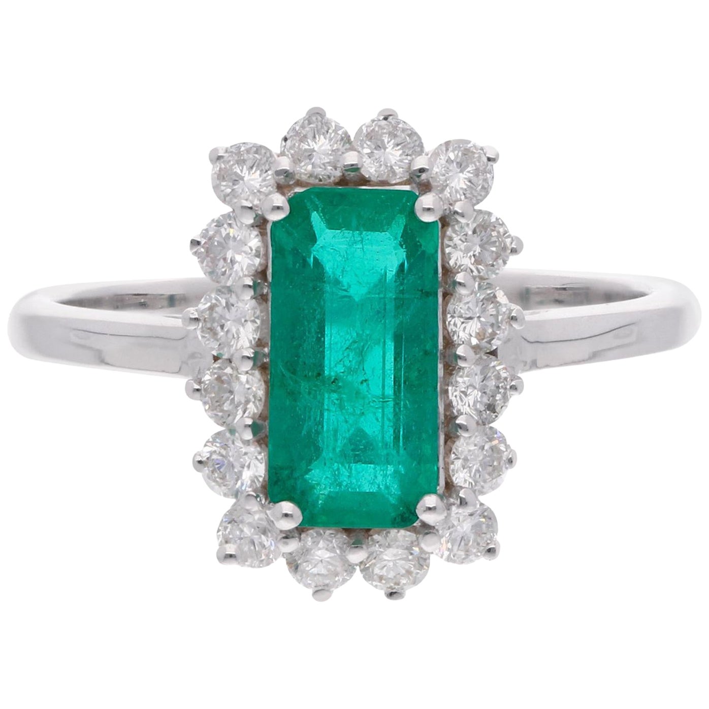 1.40 Carat Emerald Gemstone Ring 0.60 Ct, Diamond 18 Karat White Gold Jewelry For Sale