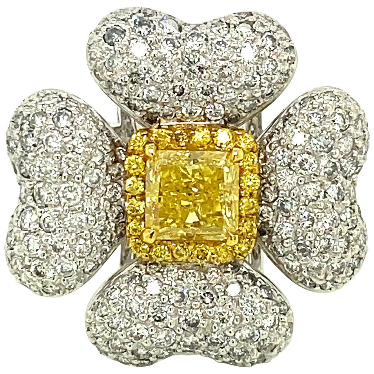 1.40 Carat GIA Certified Fancy Intense Yellow Diamond and Diamond Gold Ring