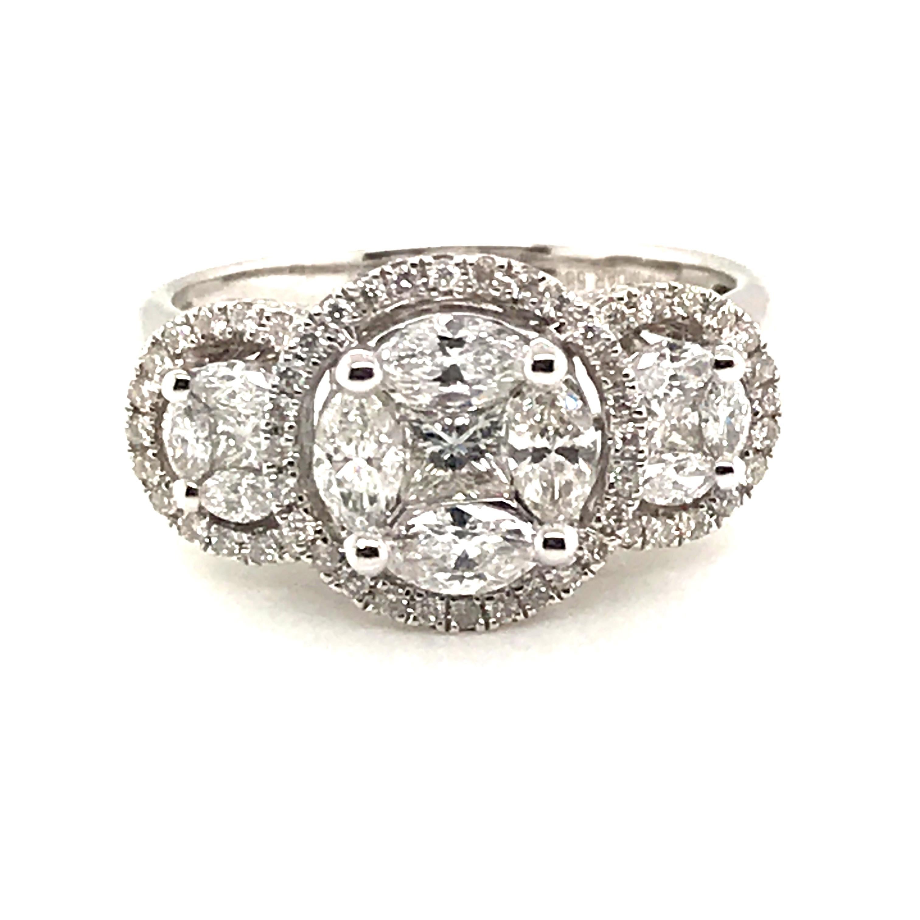 HJN Inc. Ring featuring a 1.40 Carat Marquise Cut With Halo Round Diamond Ring with 14K White Gold

Marquise-Cut Diamond Weight: 0.64 Carats
Princess-Cut Diamond Weight: 0.23 Carats
Round-Cut Diamond Weight: 0.53 Carats

Total Stones: 143
Clarity