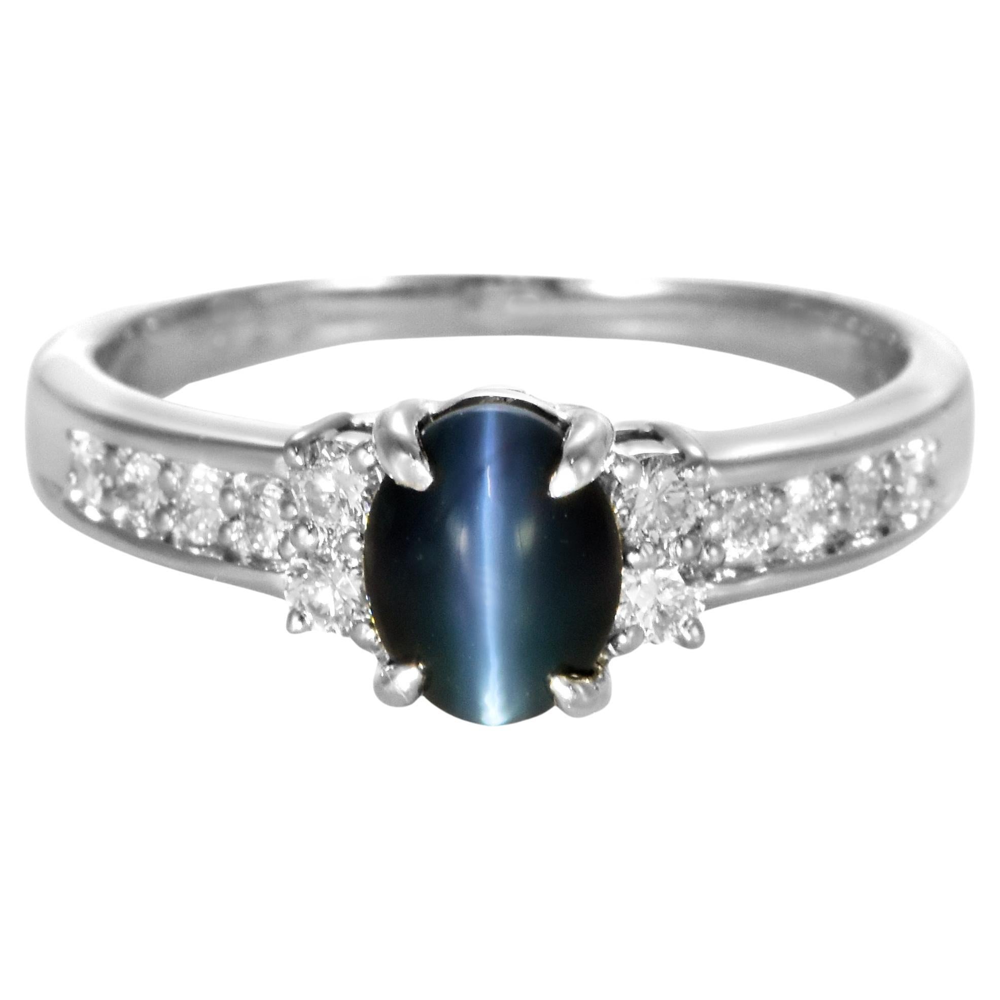 1.40 Carat Natural Alexandrite Cat's Eye and Diamond Ring Made in Platinum
