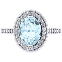 Anillo de oro blanco de 18 quilates con aguamarina natural de 1,40 quilates y diamantes blancos de 0,51 quilates