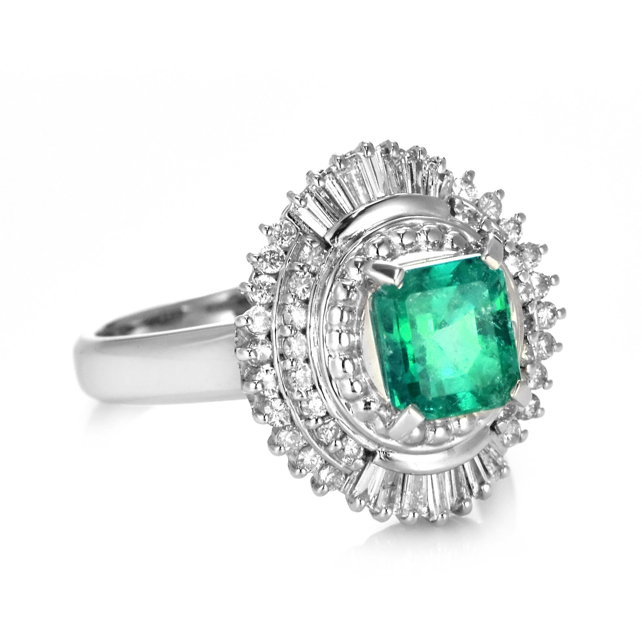 1,40 Karat natürlicher kolumbianischer Smaragd & Diamant Ballerina-Ring aus Platin (Smaragdschliff) im Angebot