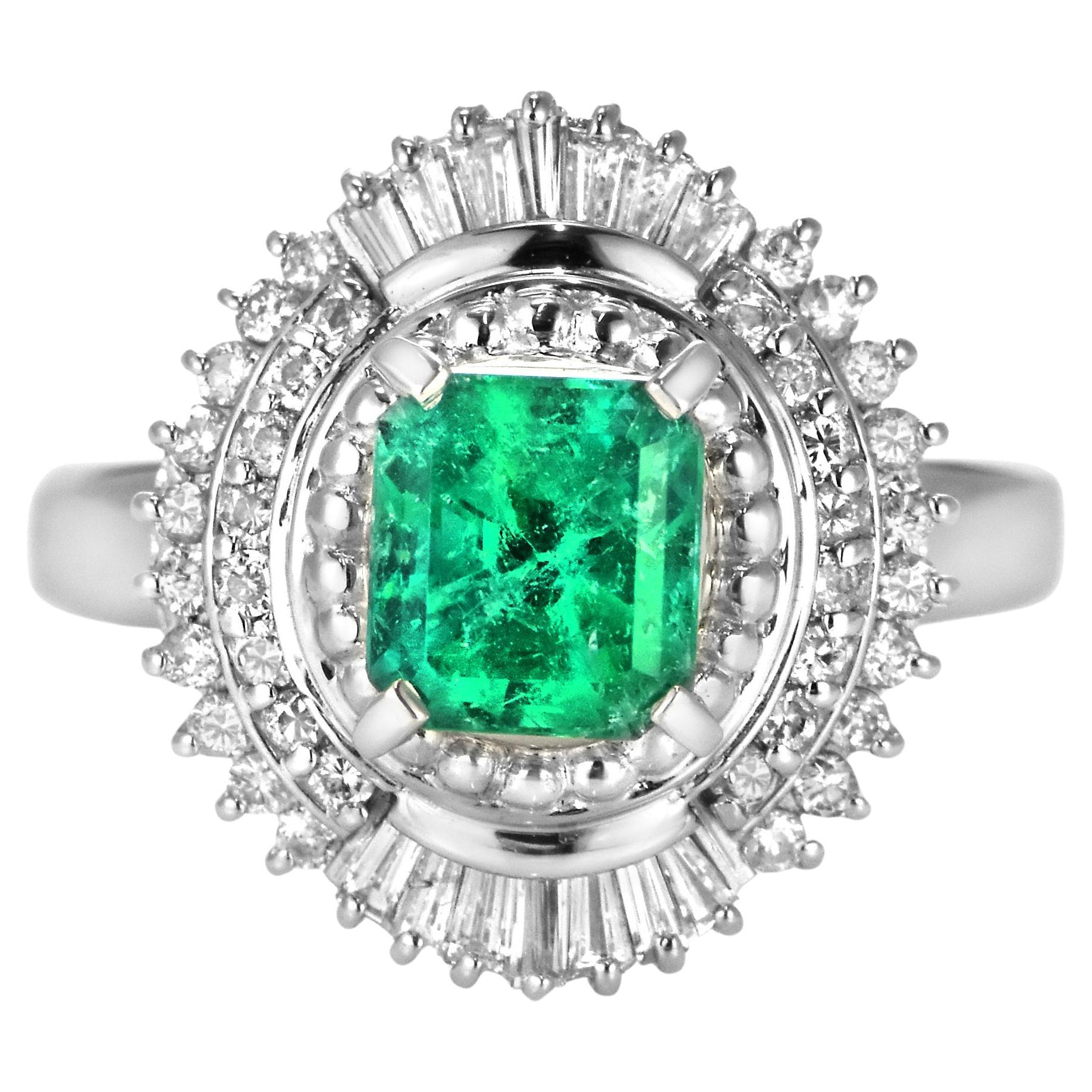 1.40 Carat Natural Colombian Emerald & Diamond Ballerina Ring Made in Platinum
