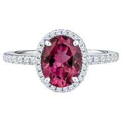 1.40 Carat Natural Oval Pink Tourmaline & Diamond Halo Ring, 18k White Gold