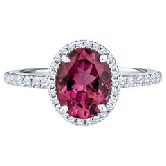 1.40 Carat Natural Oval Pink Tourmaline & Diamond Halo Ring, 18k White Gold 