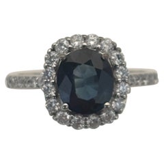 1.40 Carat Natural Oval Sapphire & Diamond Halo Ring in Solid 18K White Gold