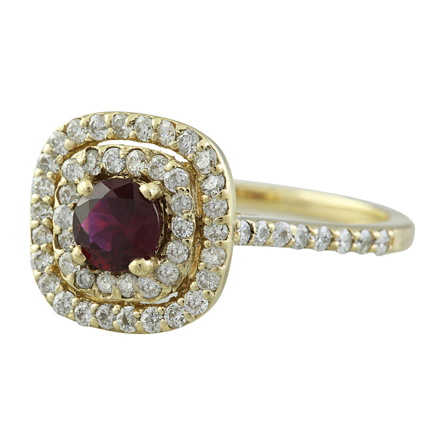 1.40 Carat Natural Ruby 14 Karat Solid Yellow Gold Diamond Ring
Stamped: 14K 
Ring Size: 7 
Ring Weight: 3.5 Grams 
Ruby Weight: 0.50 Carat (4.80 Millimeter)
Diamond Weight: 0.90 Carat (F-G Color, VS2-SI1 Clarity)
Face Measures: 11.40x11.40