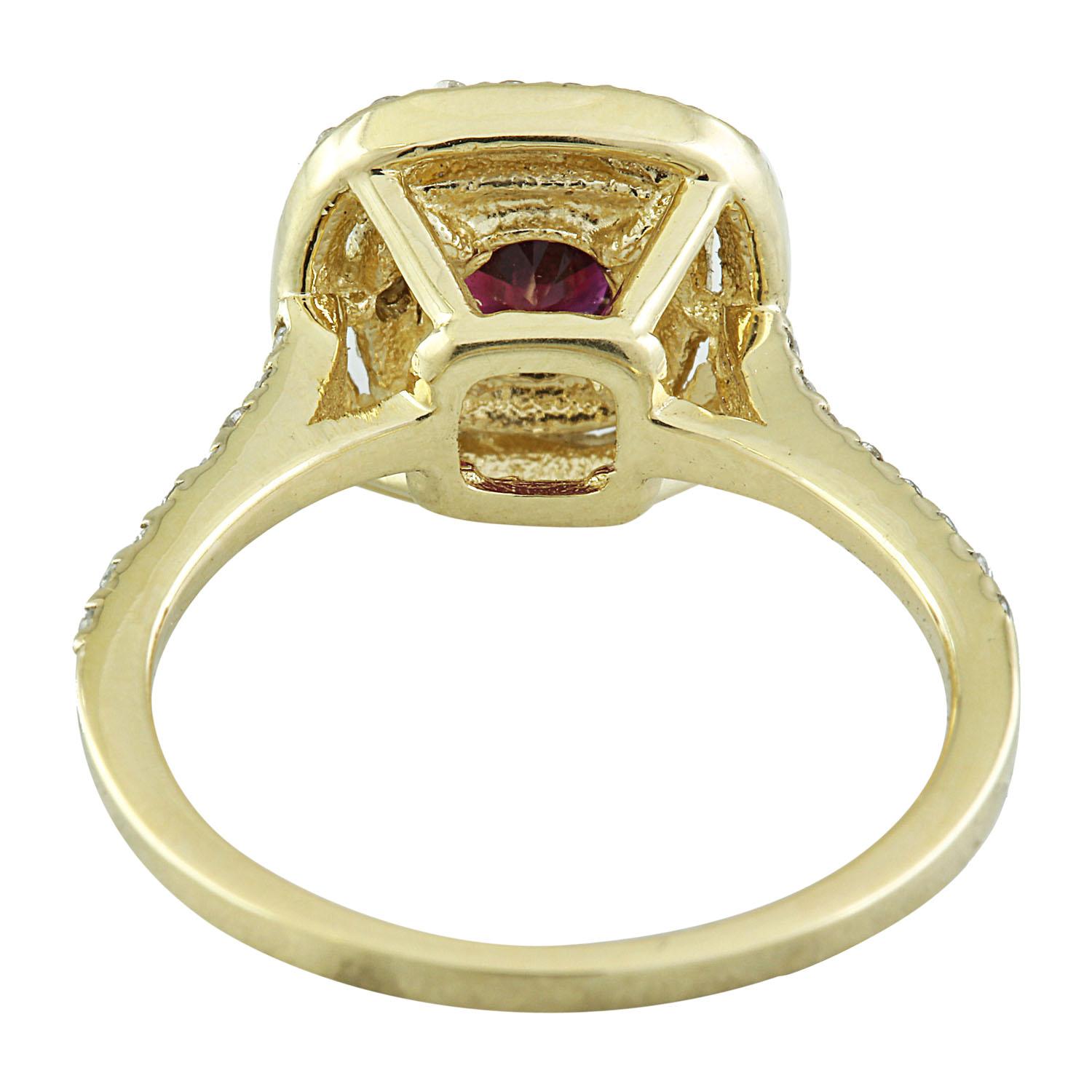 Round Cut 1.40 Carat Natural Ruby 14 Karat Solid Yellow Gold Diamond Ring For Sale