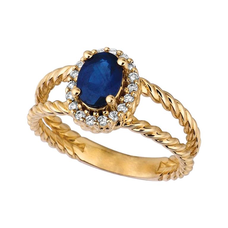 Ovaler Ring mit 1,40 Karat natürlichem Saphir und Diamant aus 14 Karat Gelbgold