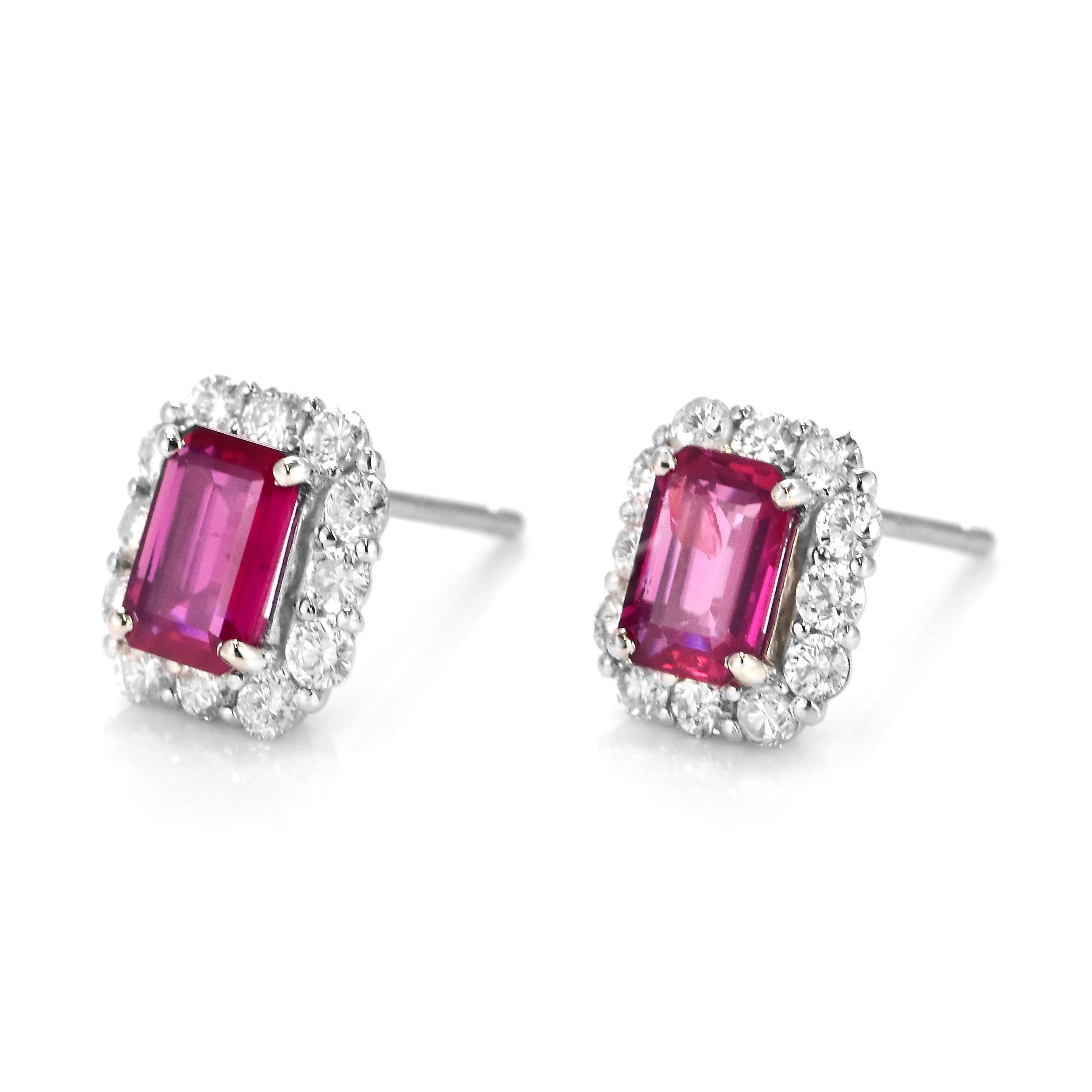 Modern 1.40 Carat Natural Untreated Ruby and Diamond Pierced Earrings Made in Platinum For Sale