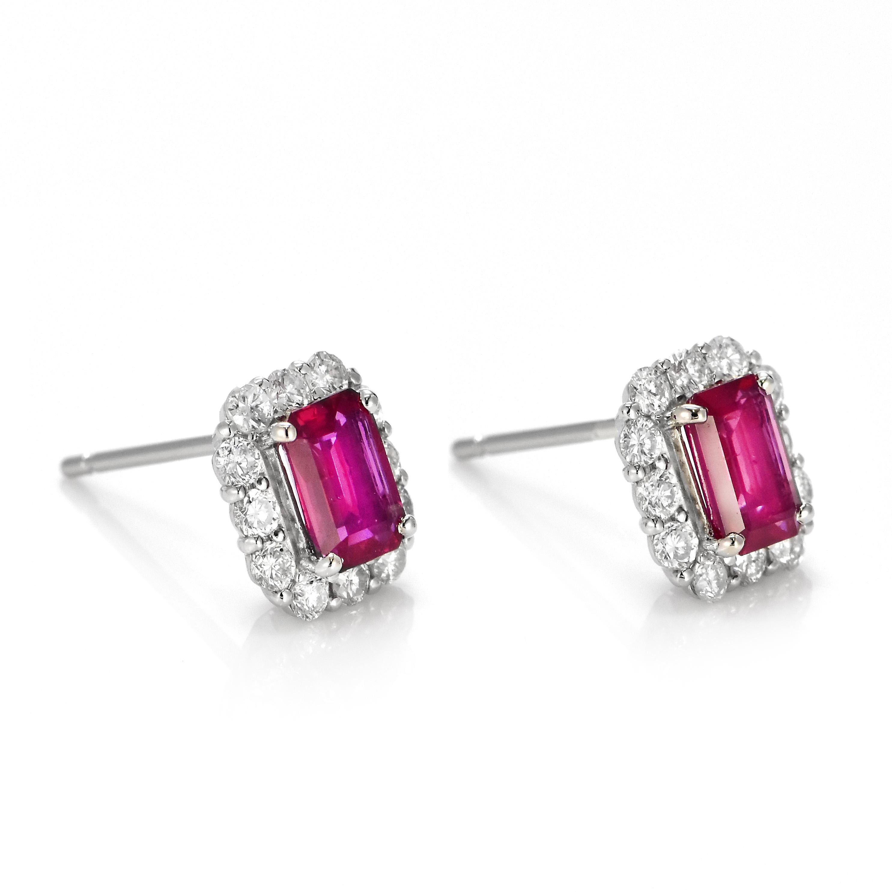 Emerald Cut 1.40 Carat Natural Untreated Ruby and Diamond Pierced Earrings Made in Platinum For Sale
