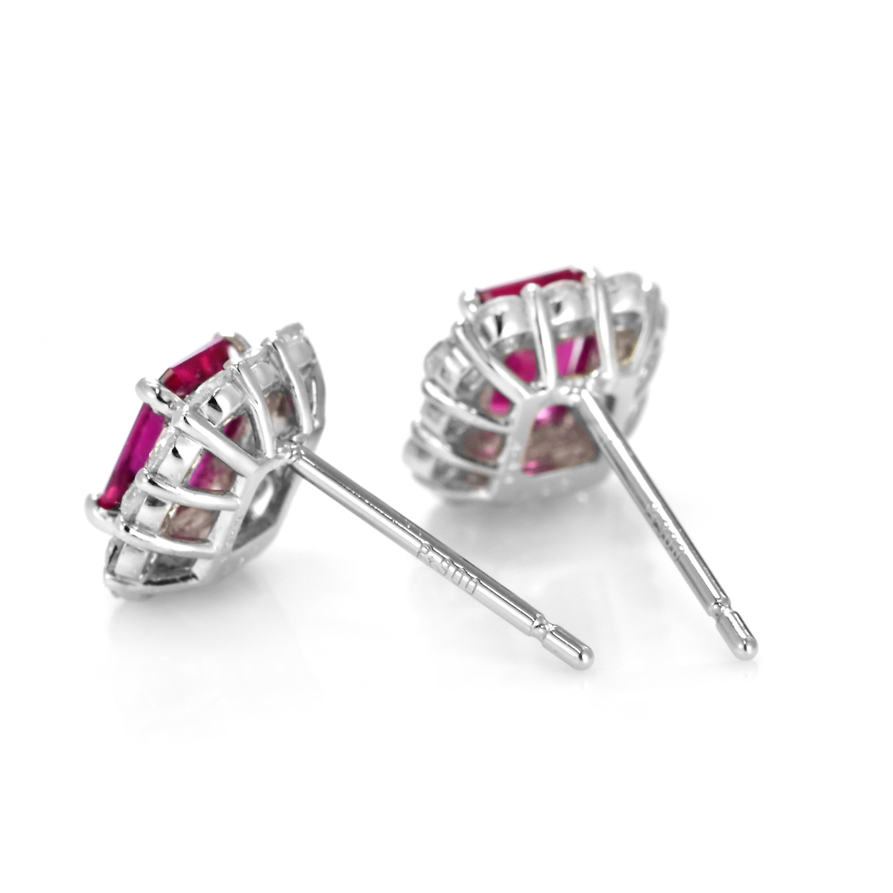Women's 1.40 Carat Natural Untreated Ruby and Diamond Pierced Earrings Made in Platinum For Sale