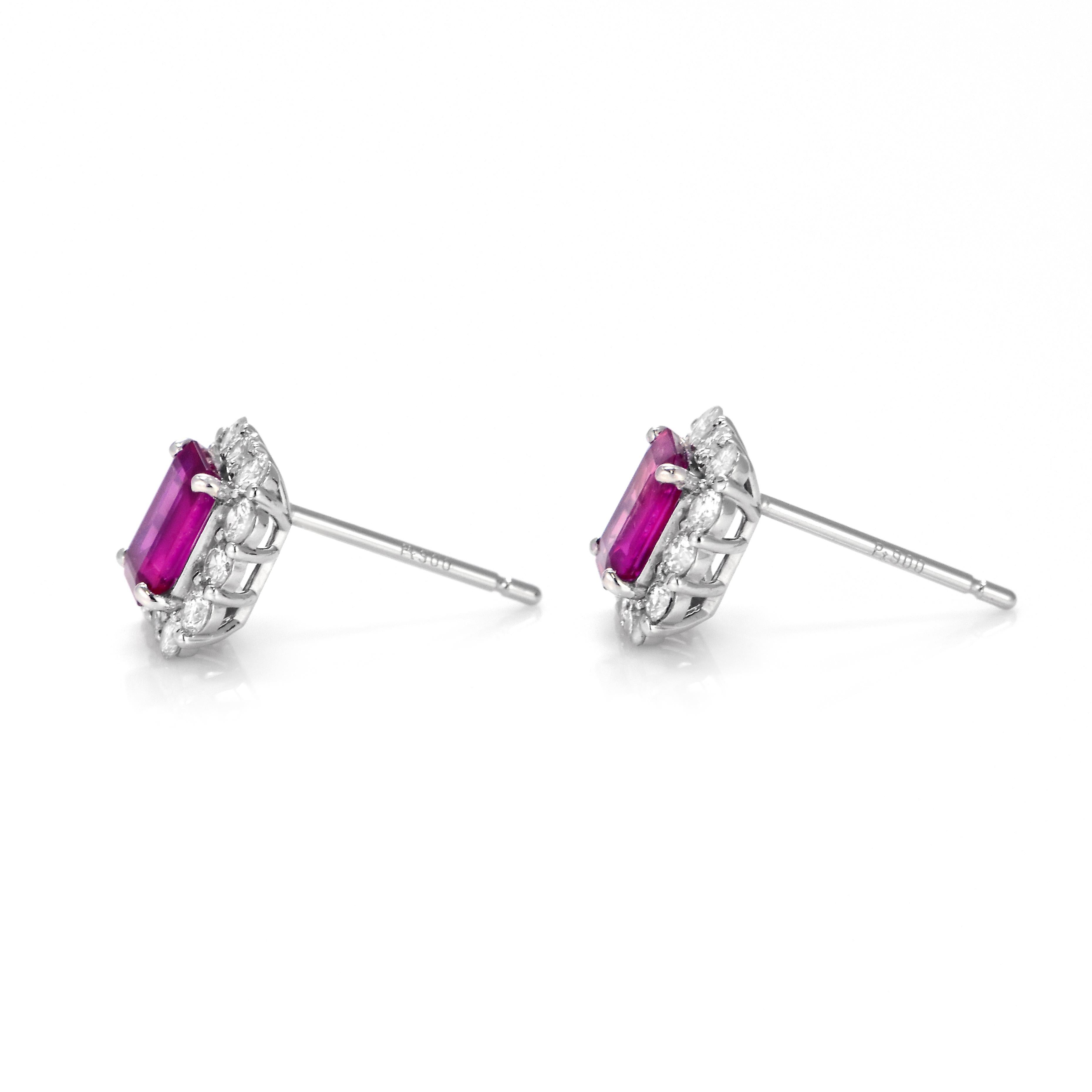 1.40 Carat Natural Untreated Ruby and Diamond Pierced Earrings Made in Platinum For Sale 1