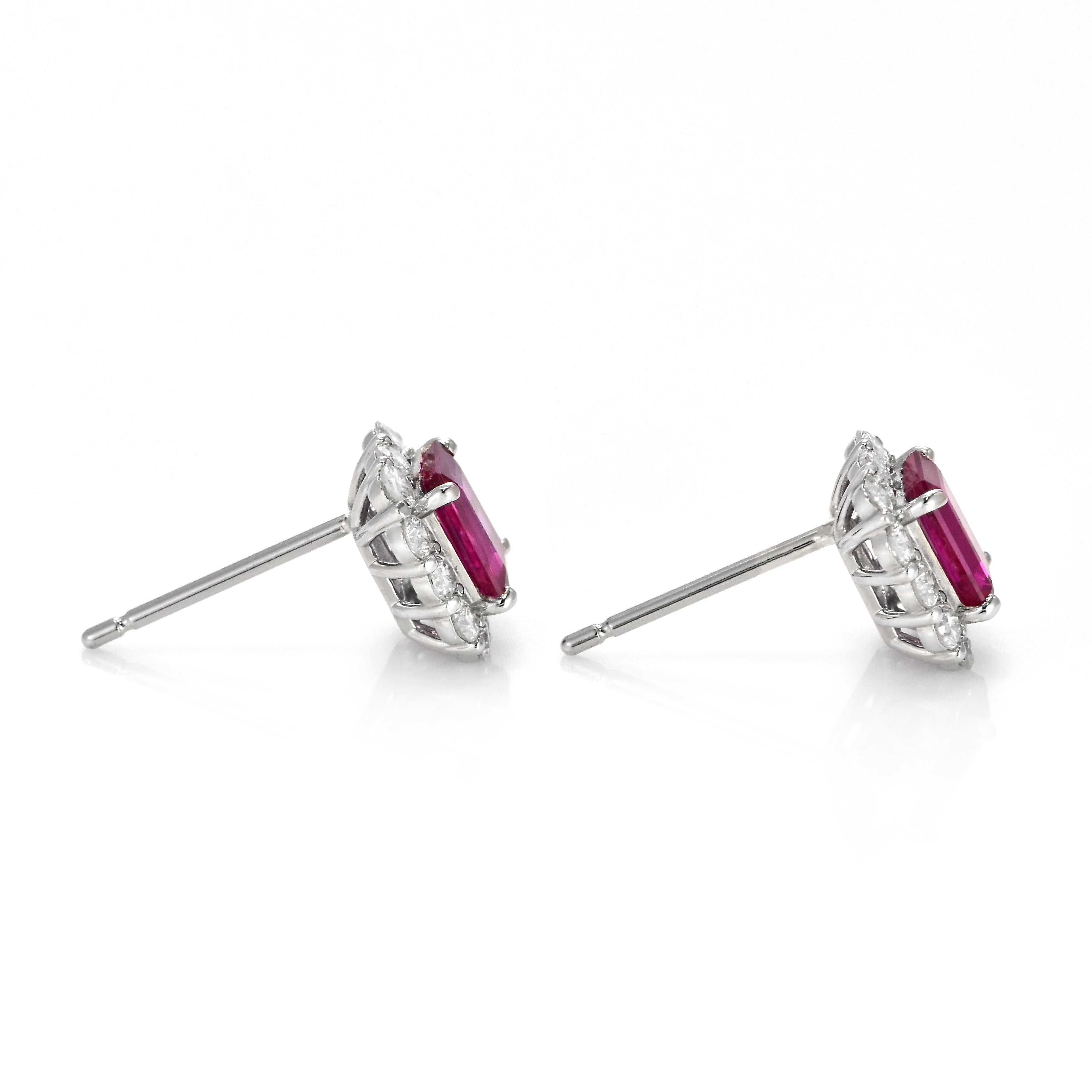 1.40 Carat Natural Untreated Ruby and Diamond Pierced Earrings Made in Platinum For Sale 2