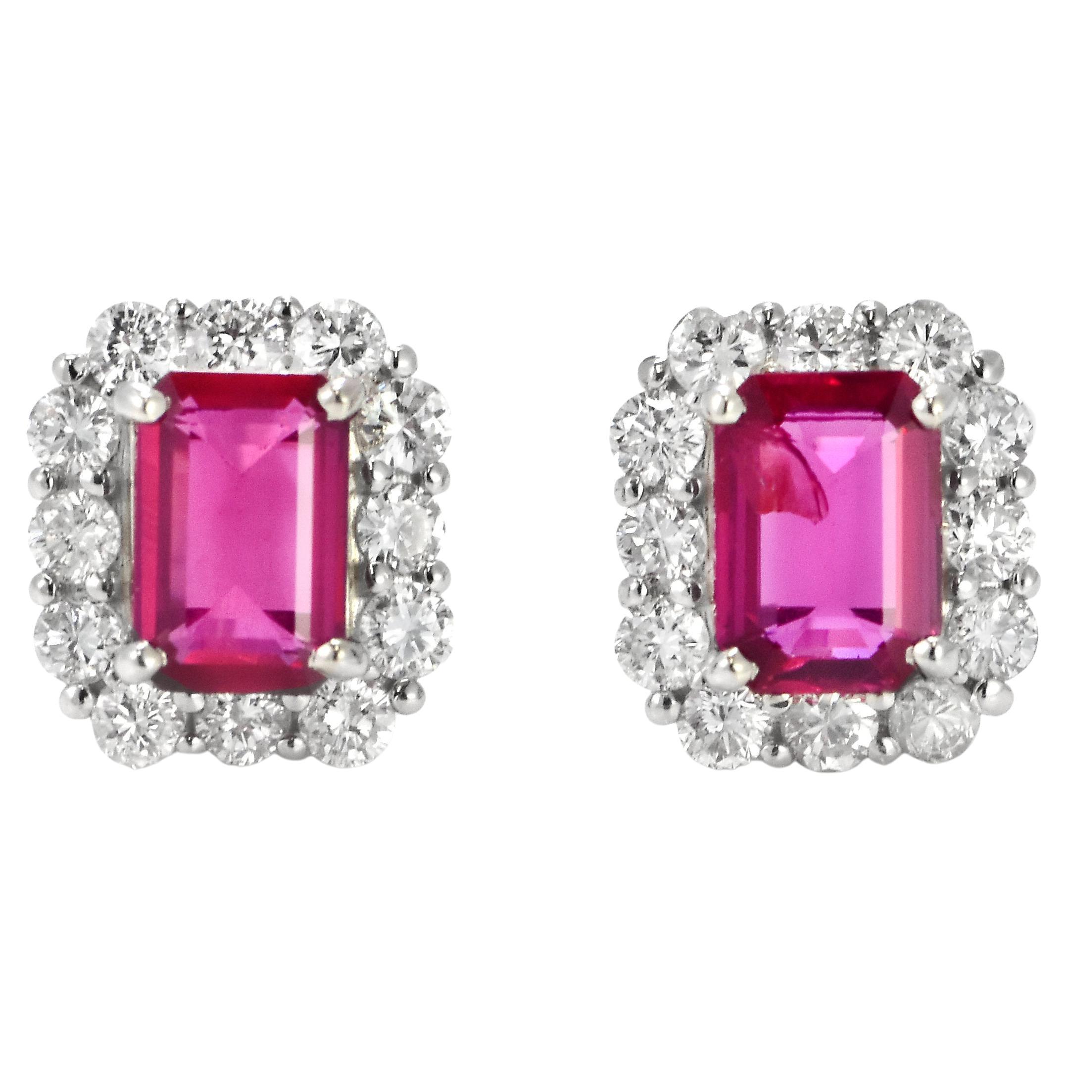 1.40 Carat Natural Untreated Ruby and Diamond Pierced Earrings Made in Platinum